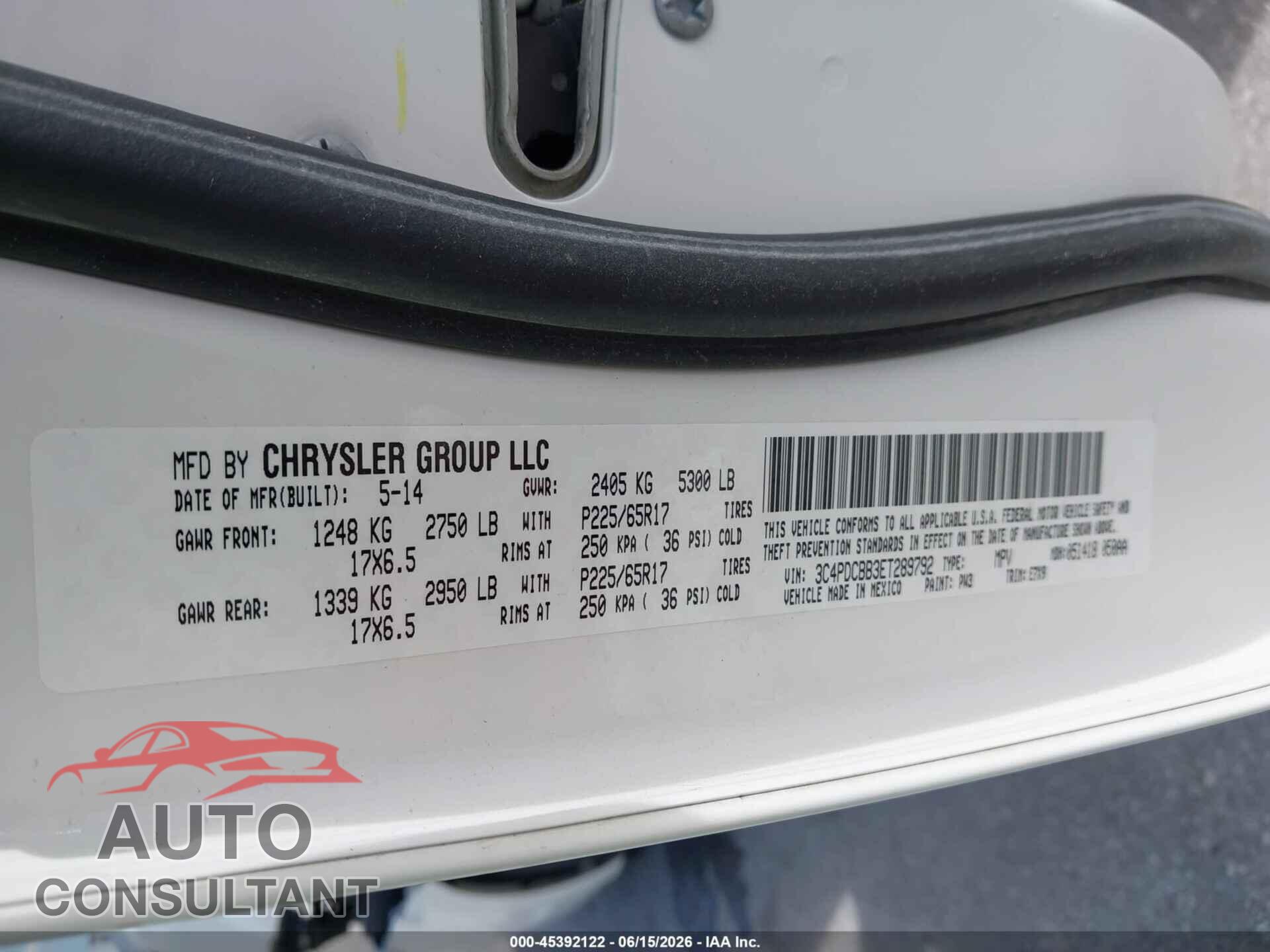 DODGE JOURNEY 2014 - 3C4PDCBB3ET289792