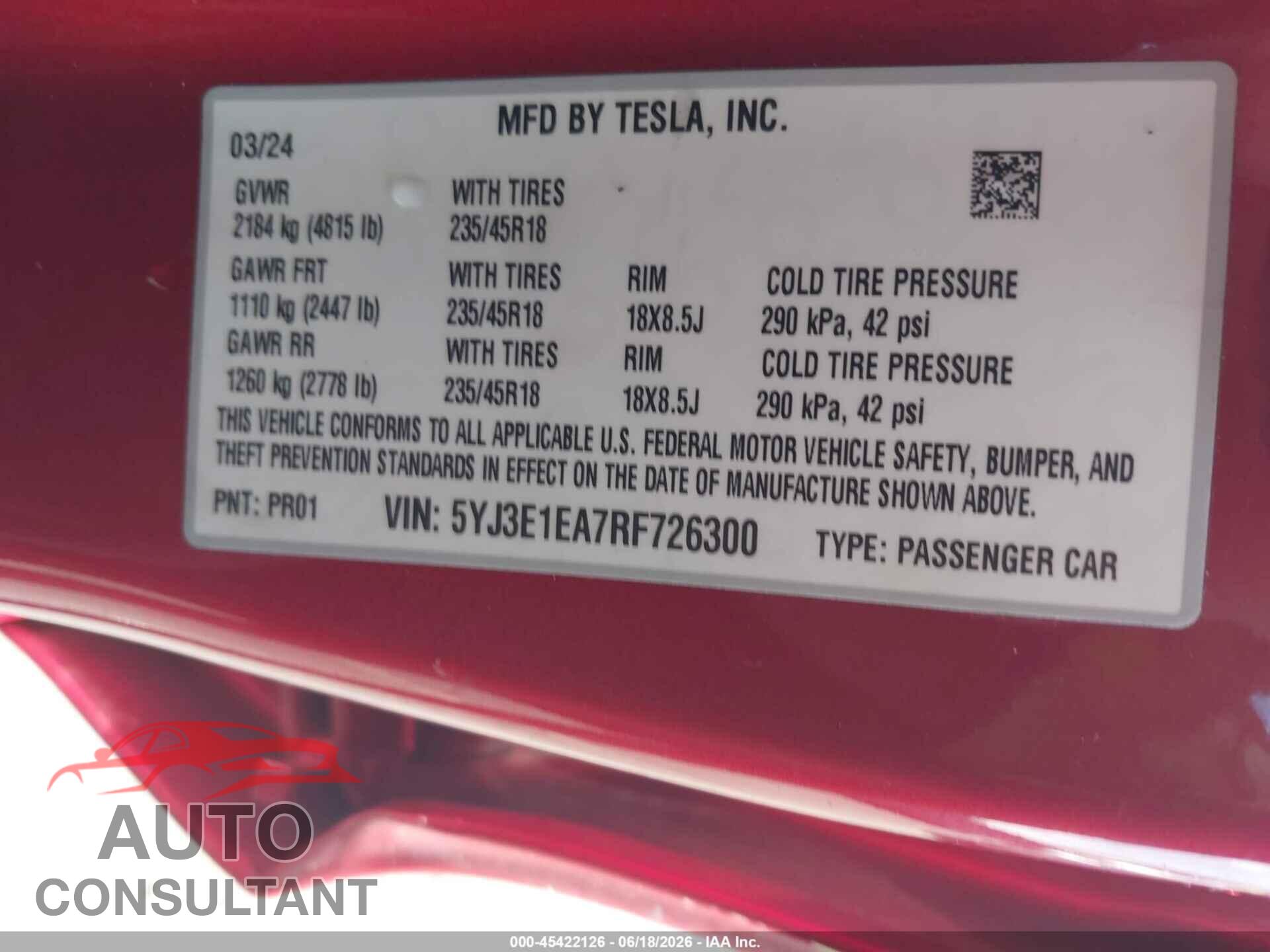 TESLA MODEL 3 2024 - 5YJ3E1EA7RF726300