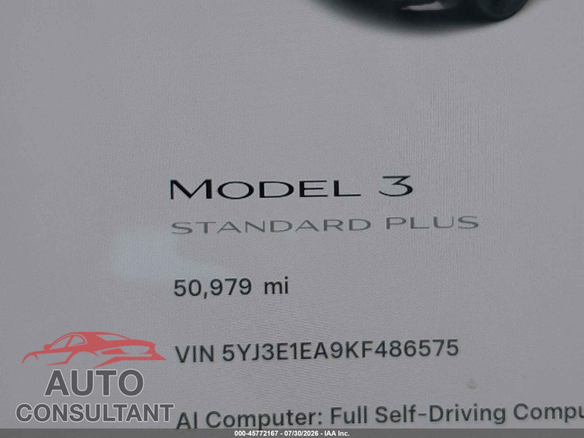 TESLA MODEL 3 2019 - 5YJ3E1EA9KF486575