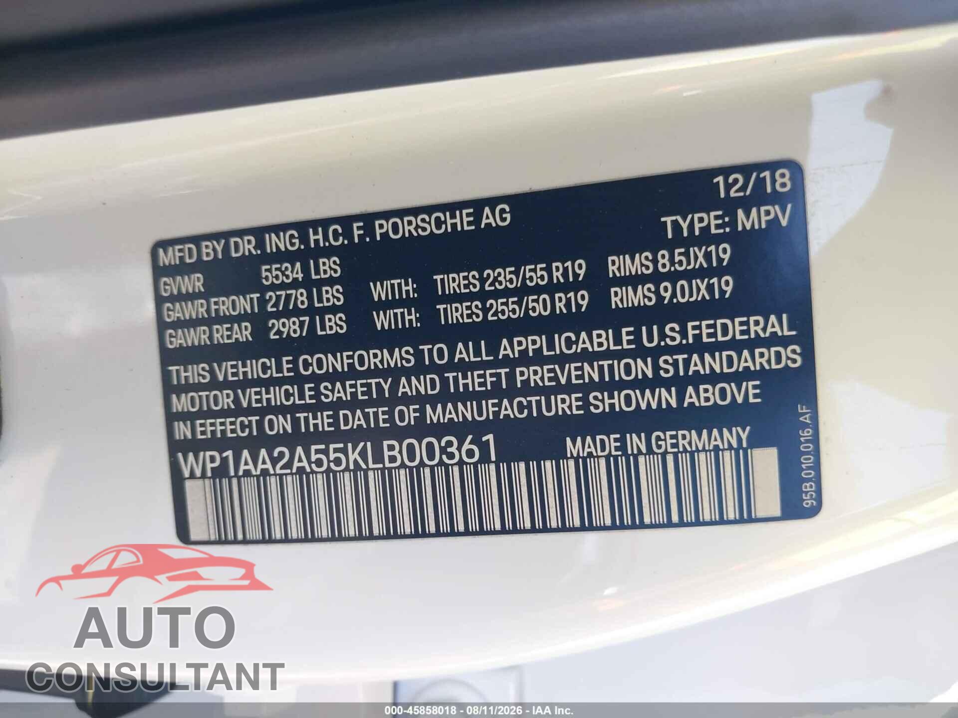 PORSCHE MACAN 2019 - WP1AA2A55KLB00361