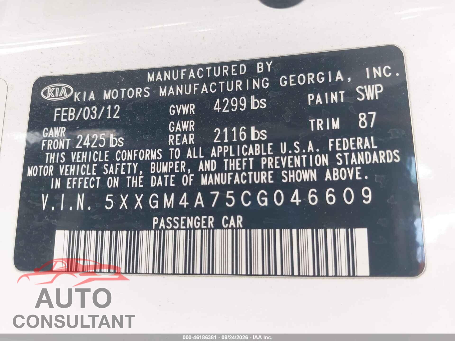 KIA OPTIMA 2012 - 5XXGM4A75CG046609