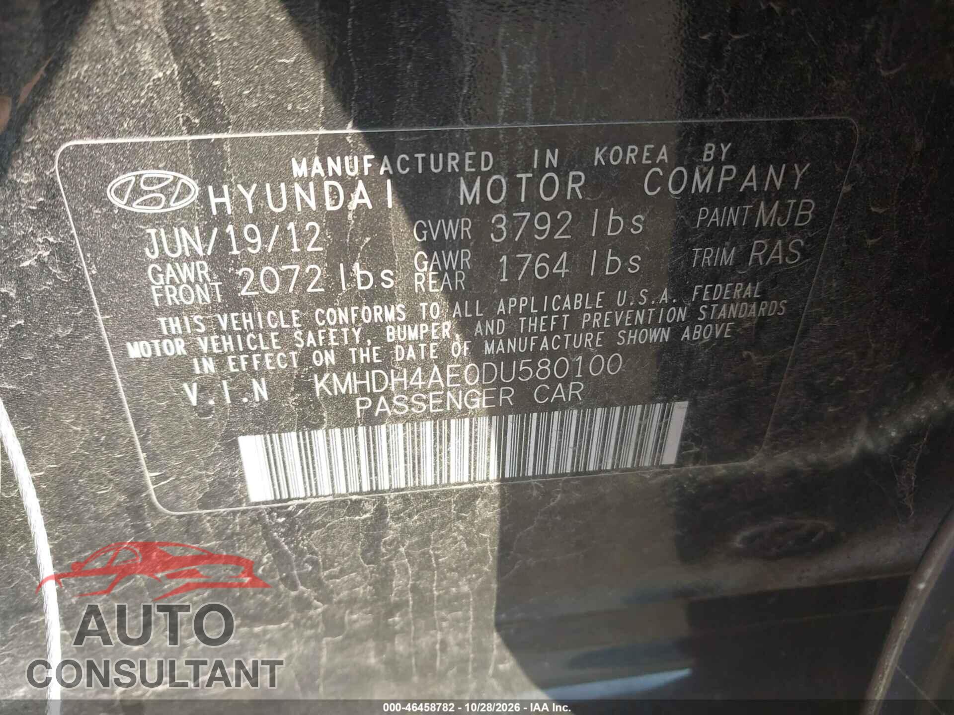 HYUNDAI ELANTRA 2013 - KMHDH4AE0DU580100