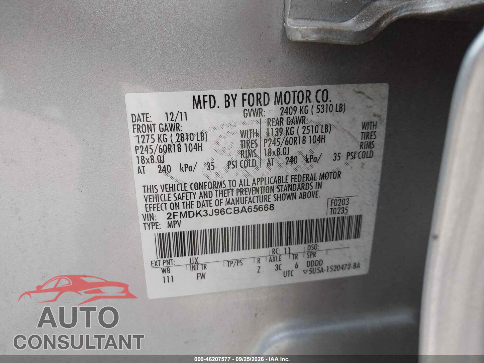 FORD EDGE 2012 - 2FMDK3J96CBA65668