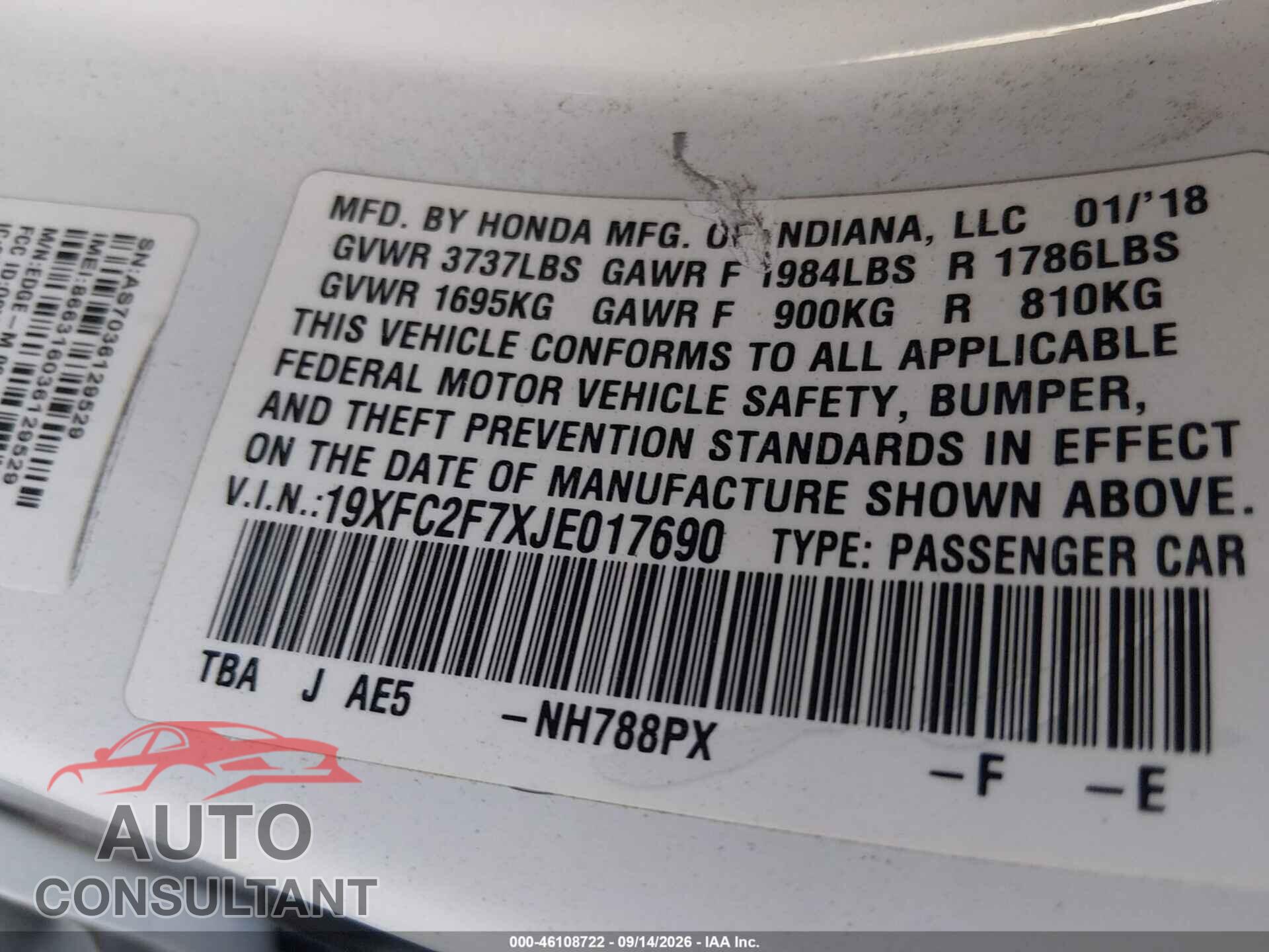 HONDA CIVIC 2018 - 19XFC2F7XJE017690