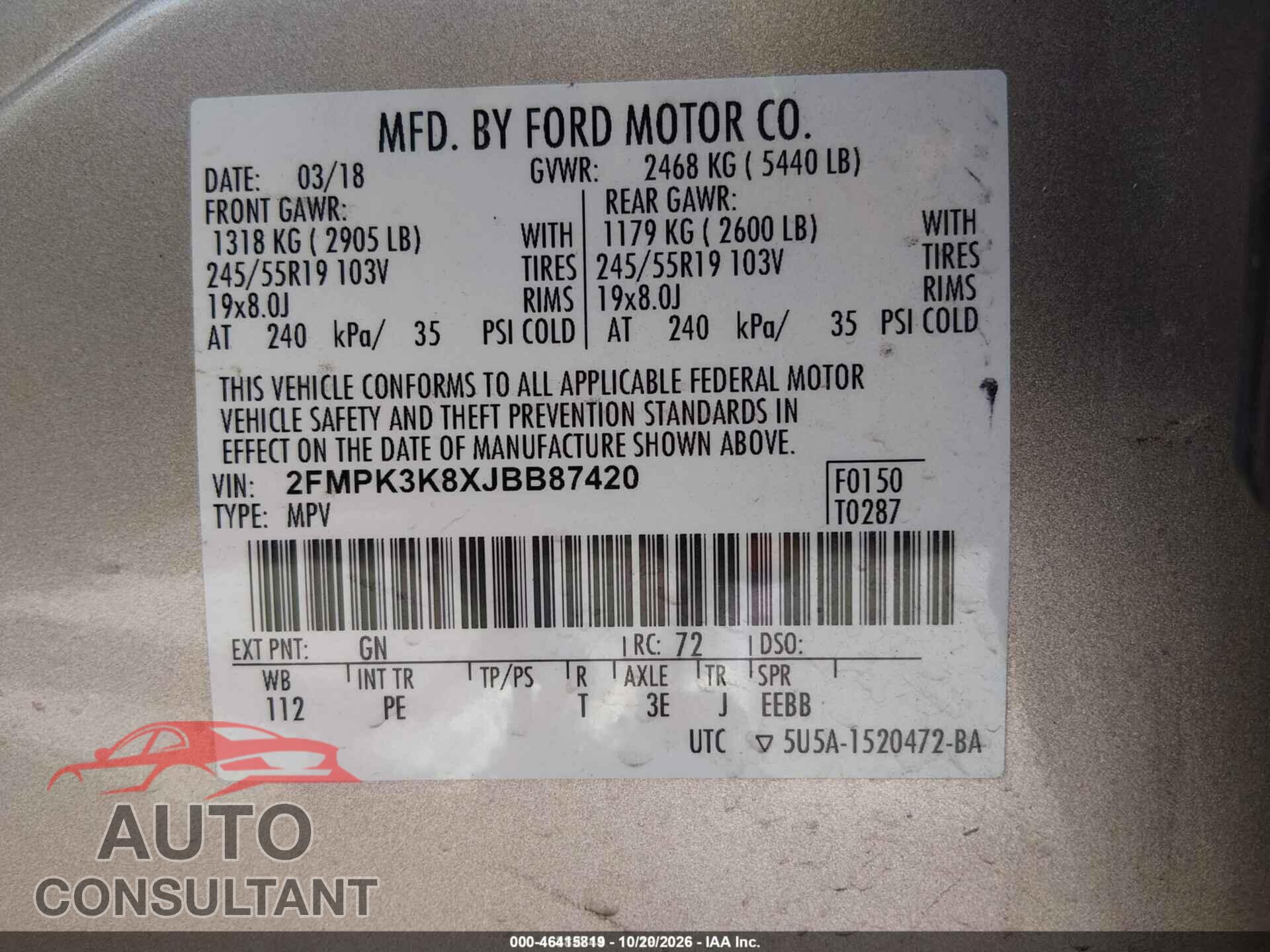 FORD EDGE 2018 - 2FMPK3K8XJBB87420