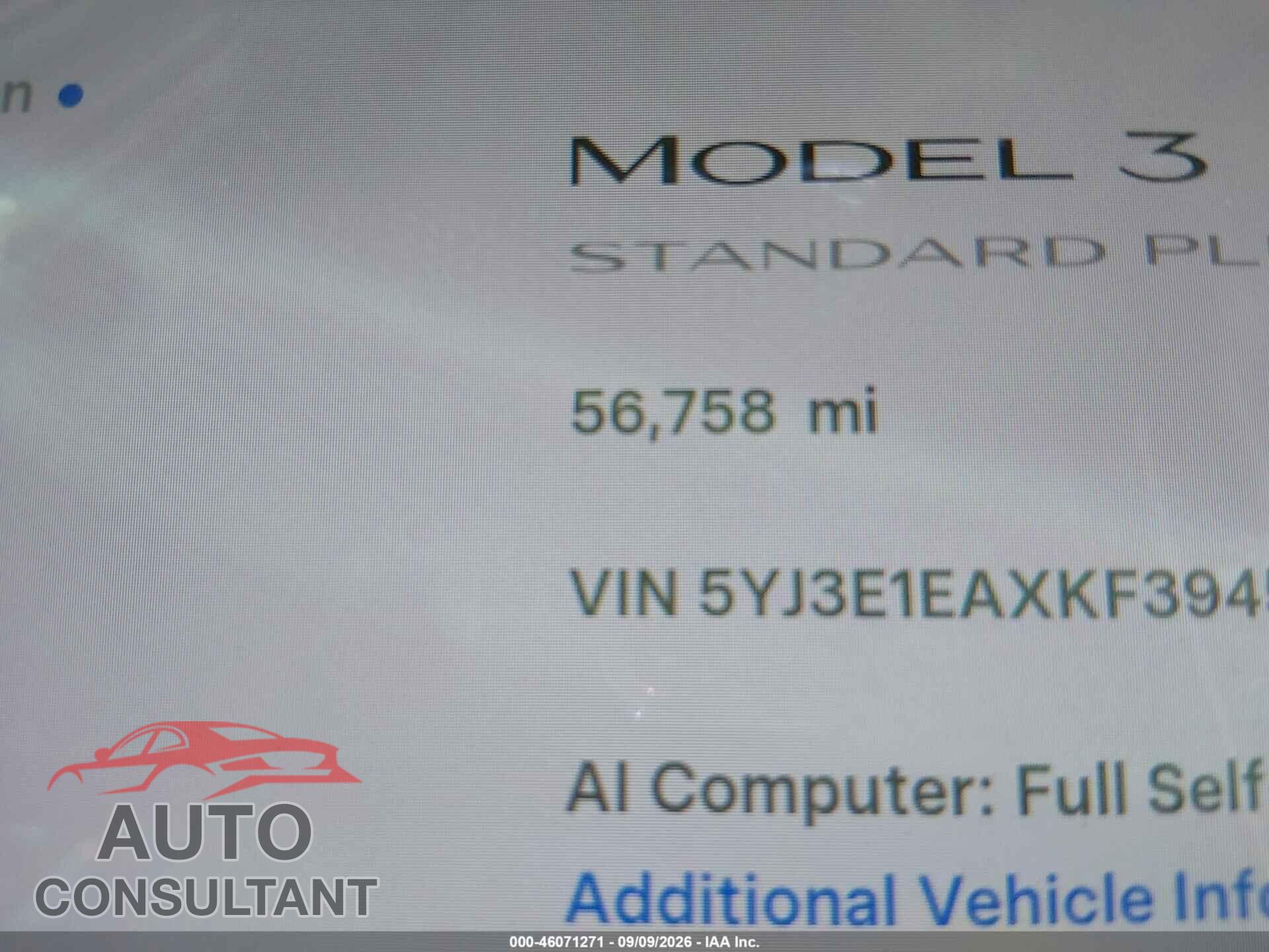 TESLA MODEL 3 2019 - 5YJ3E1EAXKF394584