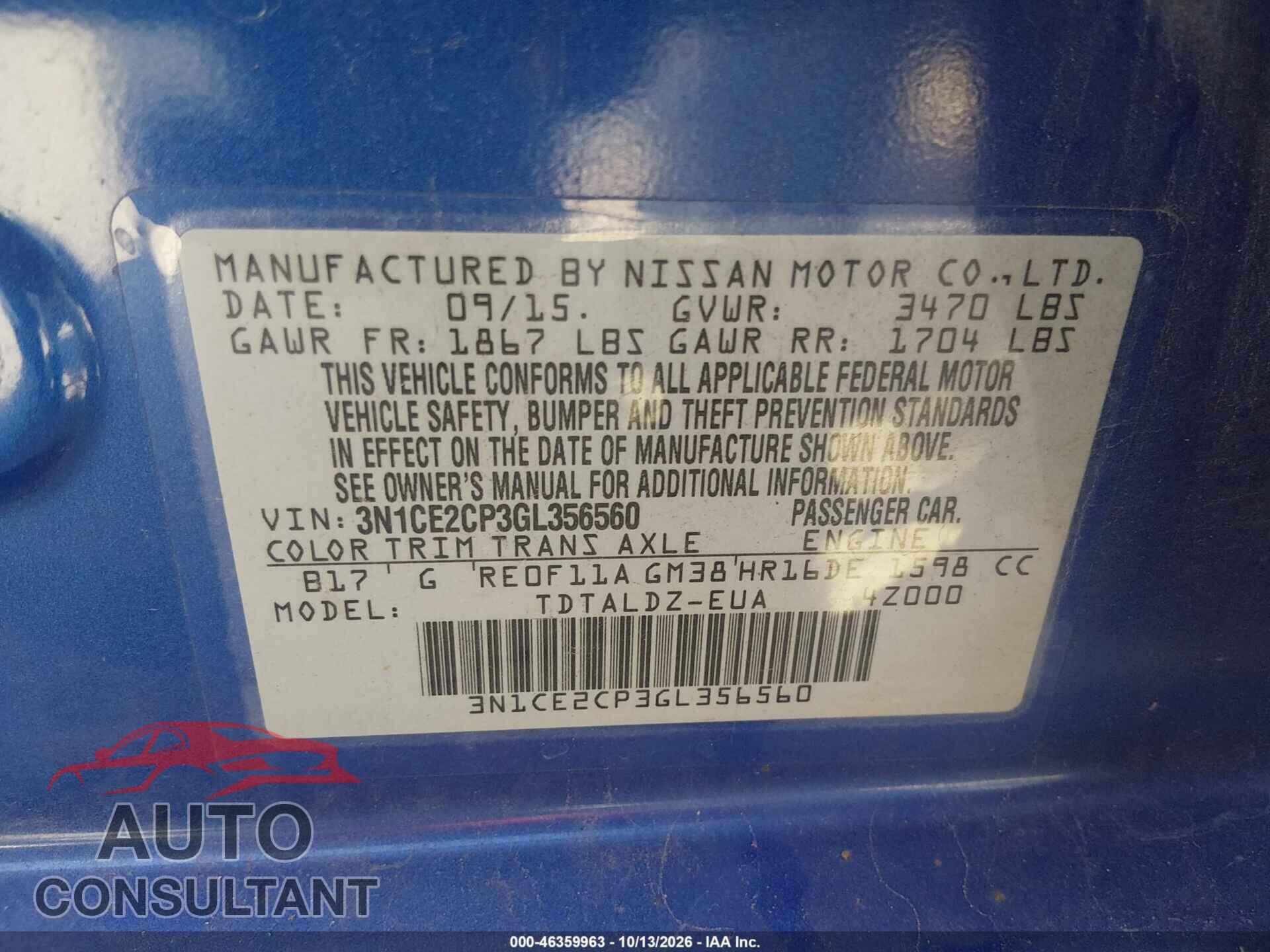NISSAN VERSA NOTE 2016 - 3N1CE2CP3GL356560