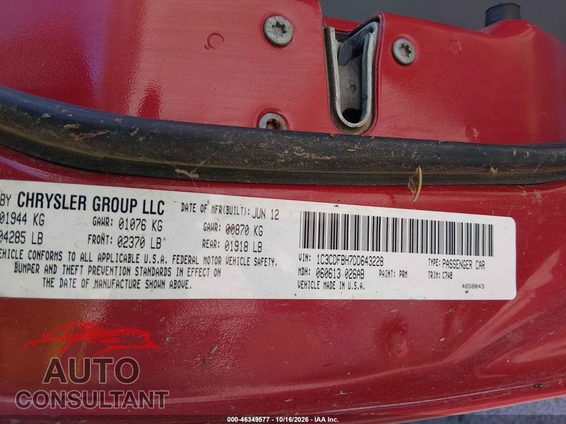 DODGE DART 2013 - 1C3CDFBH7DD643228