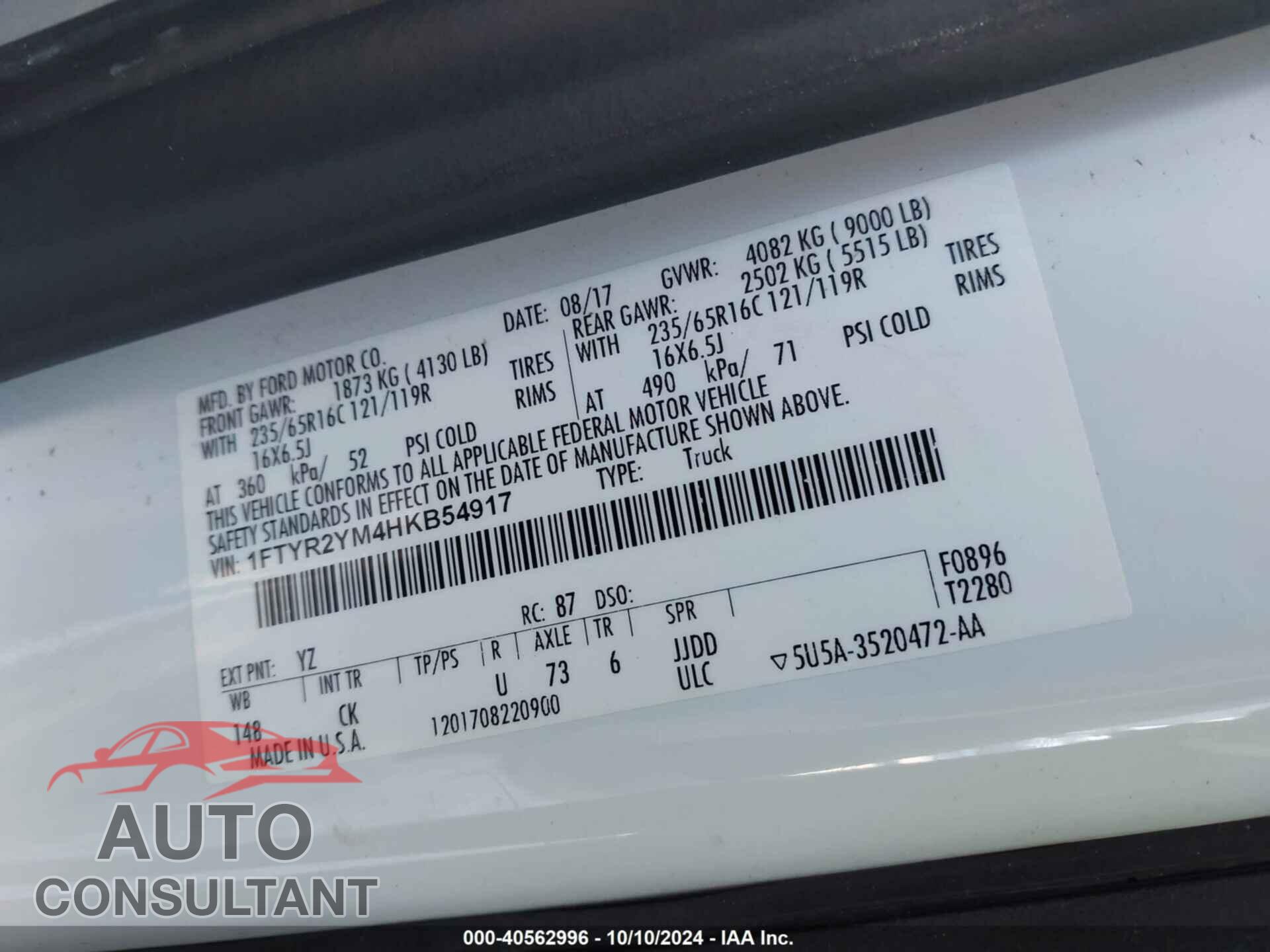 FORD TRANSIT-250 2017 - 1FTYR2YM4HKB54917