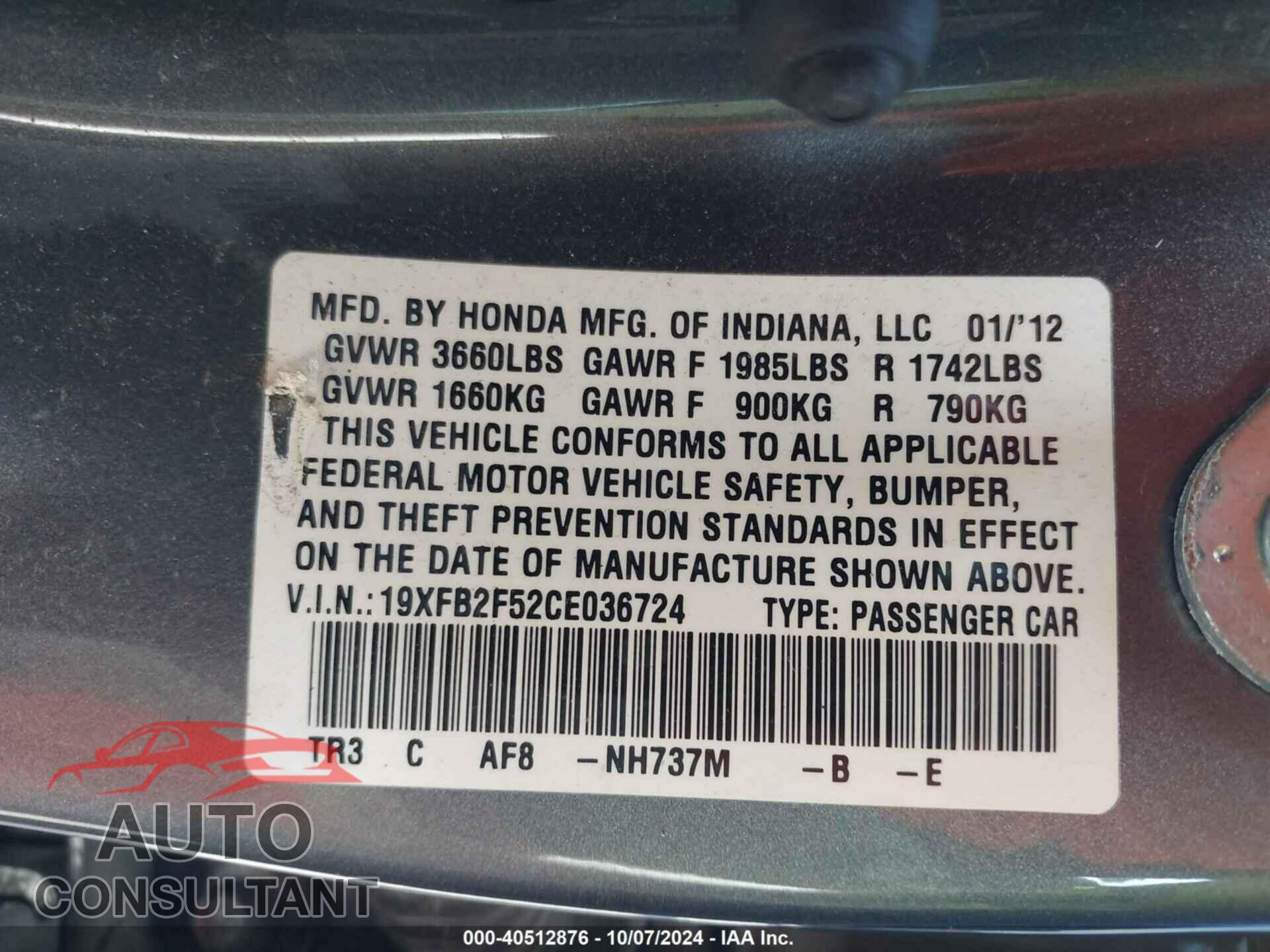 HONDA CIVIC 2012 - 19XFB2F52CE036724