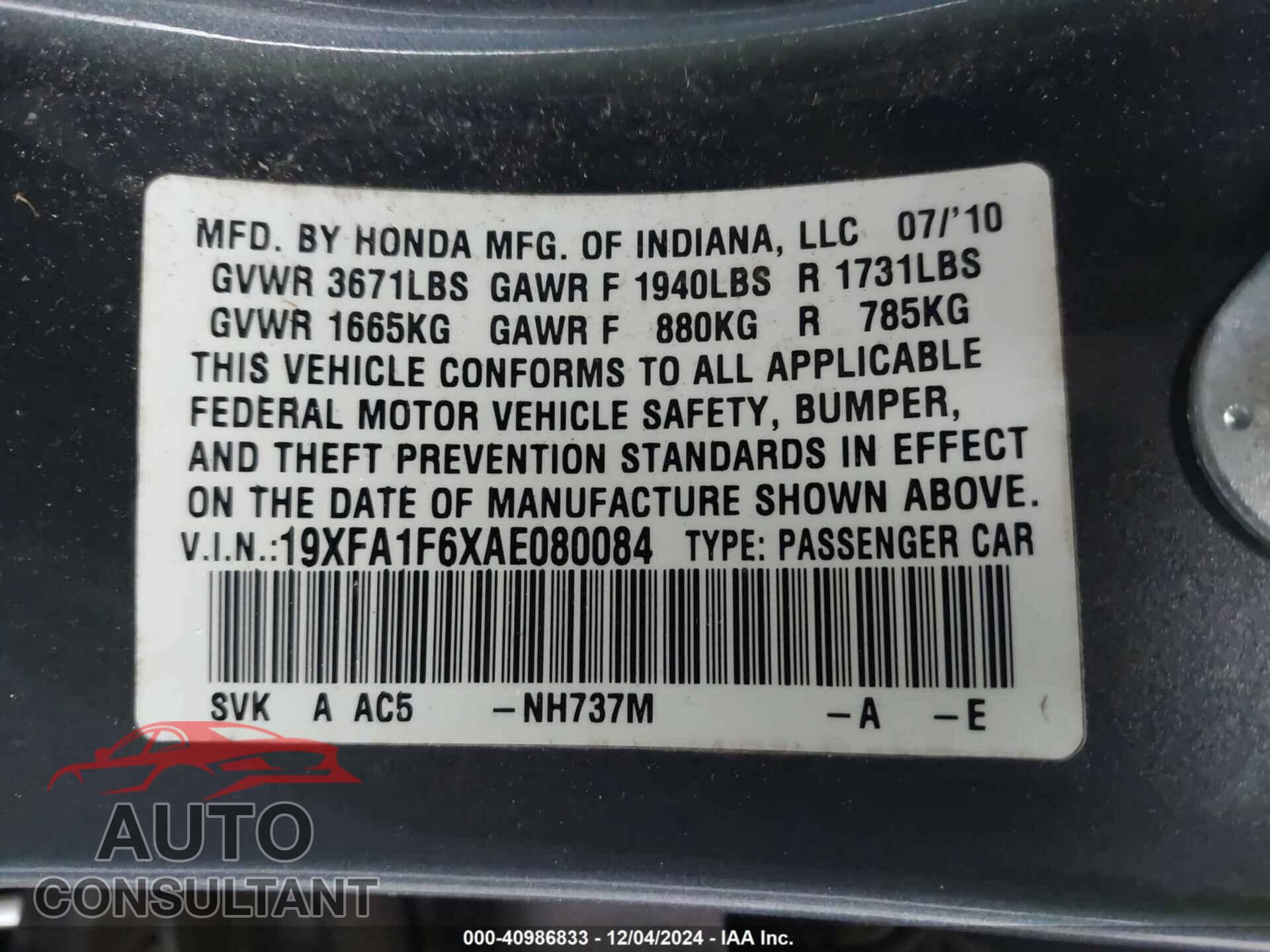 HONDA CIVIC 2010 - 19XFA1F6XAE080084