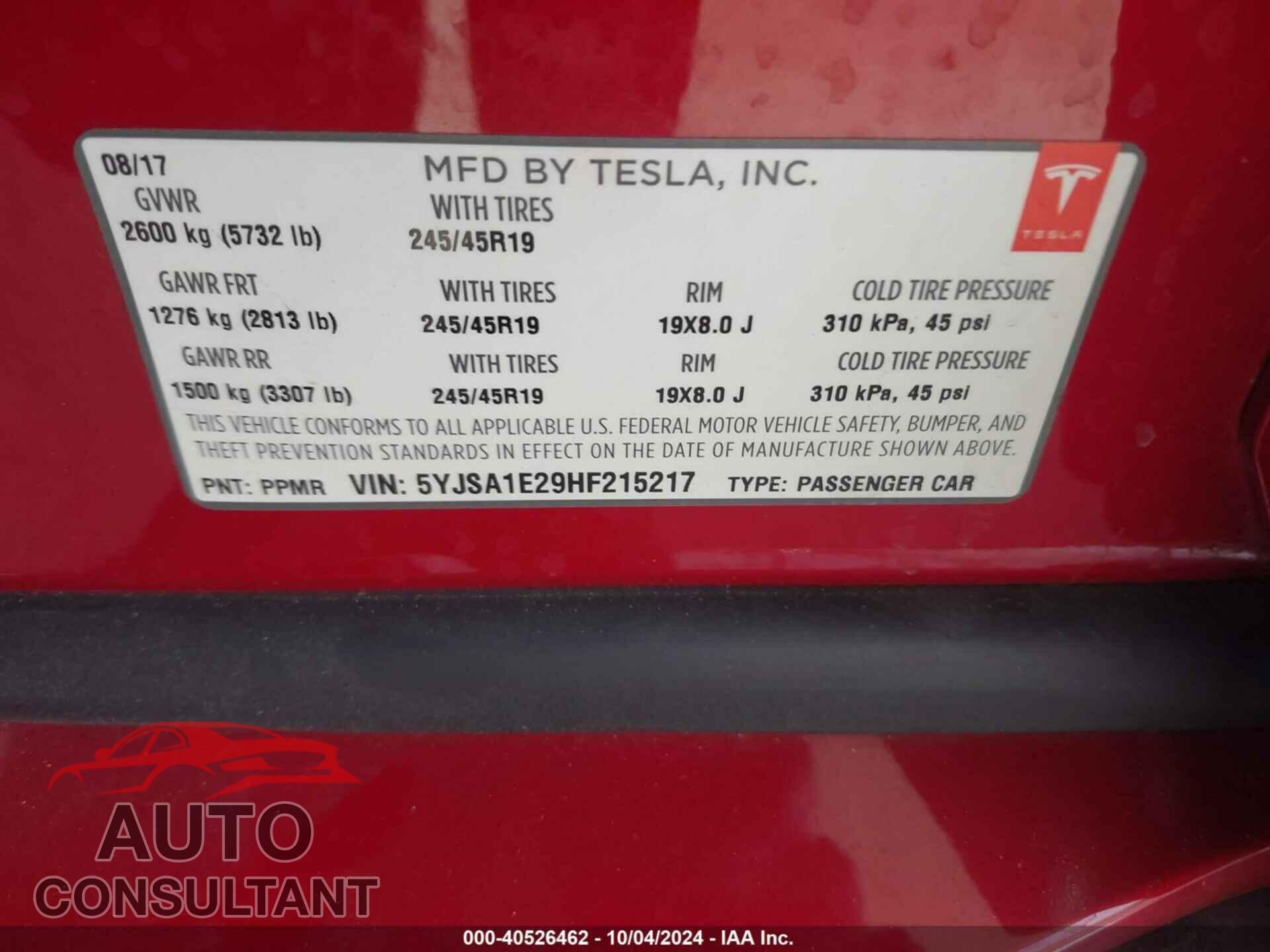 TESLA MODEL S 2017 - 5YJSA1E29HF215217