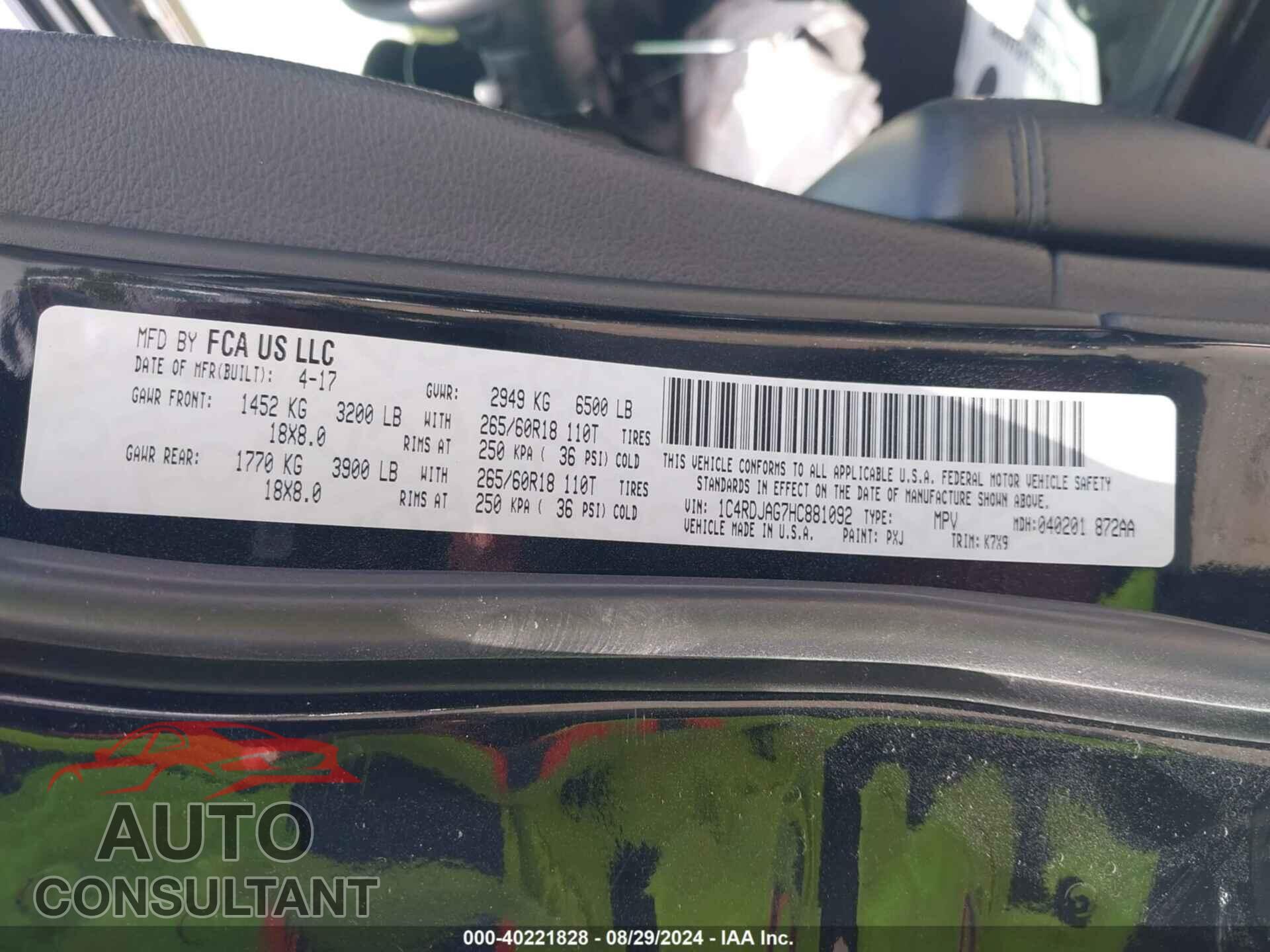 DODGE DURANGO 2017 - 1C4RDJAG7HC881092