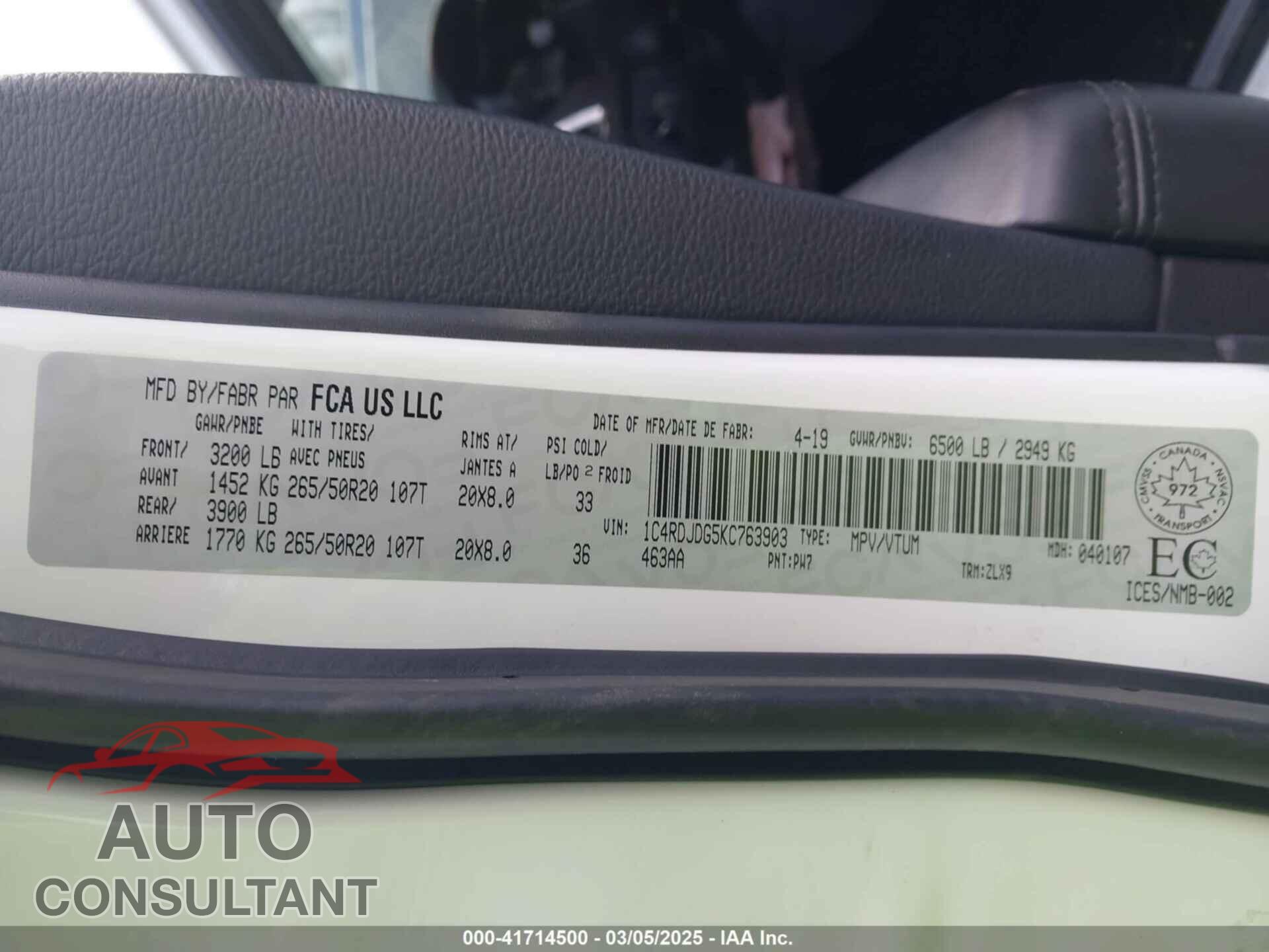 DODGE DURANGO 2019 - 1C4RDJDG5KC763903