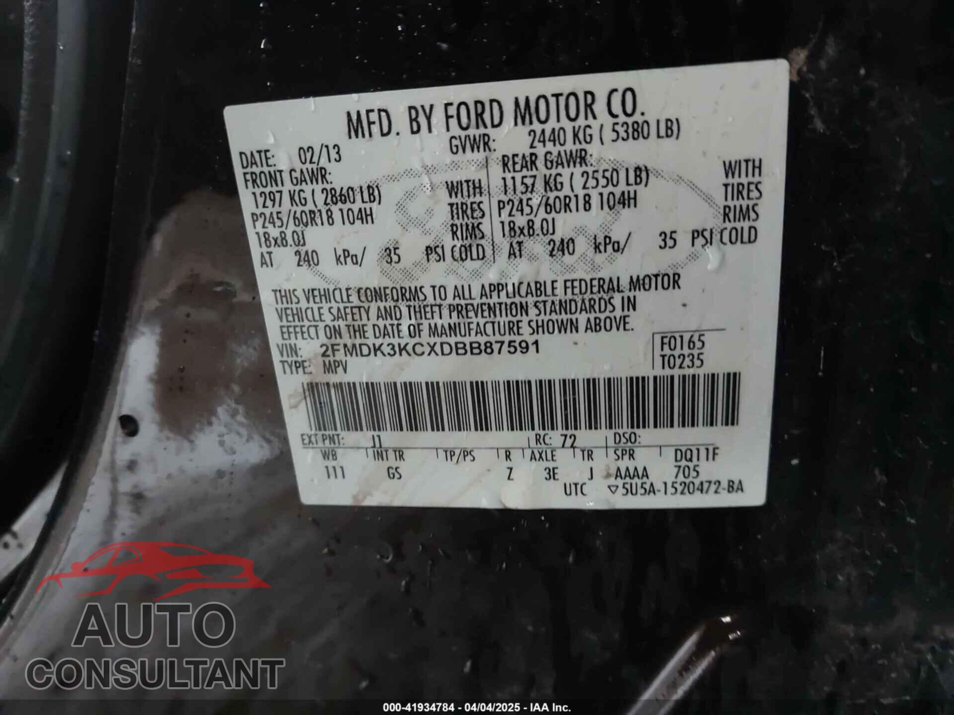 FORD EDGE 2013 - 2FMDK3KCXDBB87591
