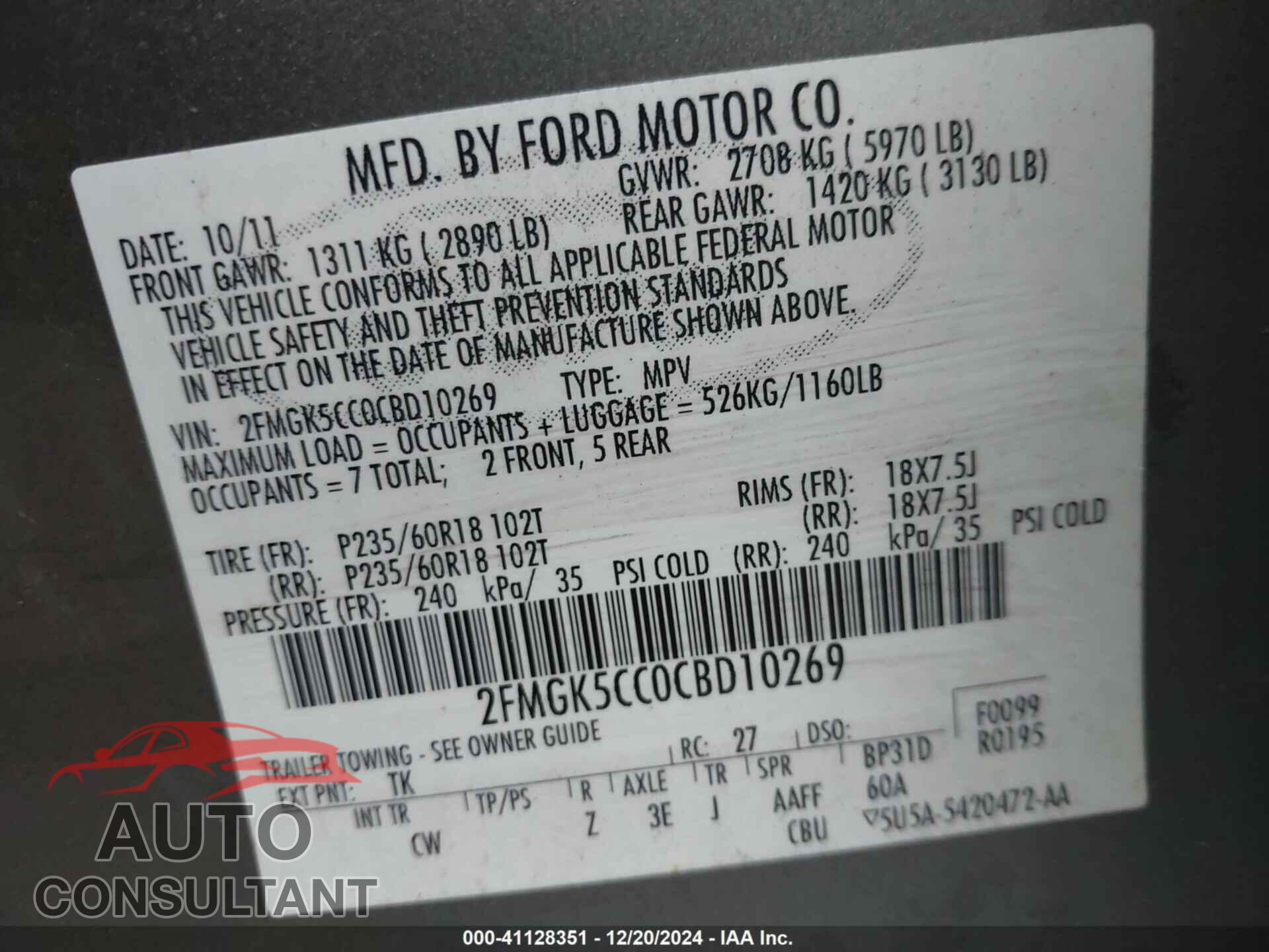 FORD FLEX 2012 - 2FMGK5CC0CBD10269