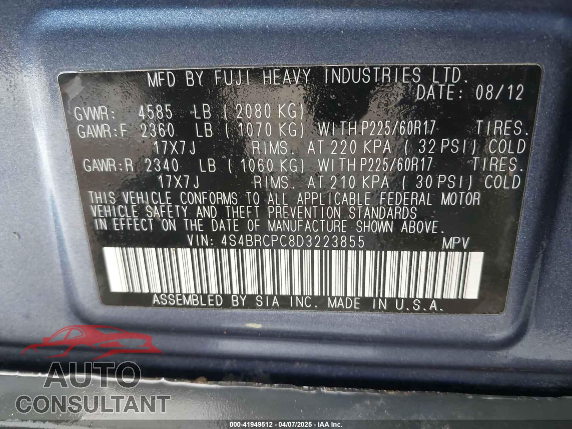 SUBARU OUTBACK 2013 - 4S4BRCPC8D3223855