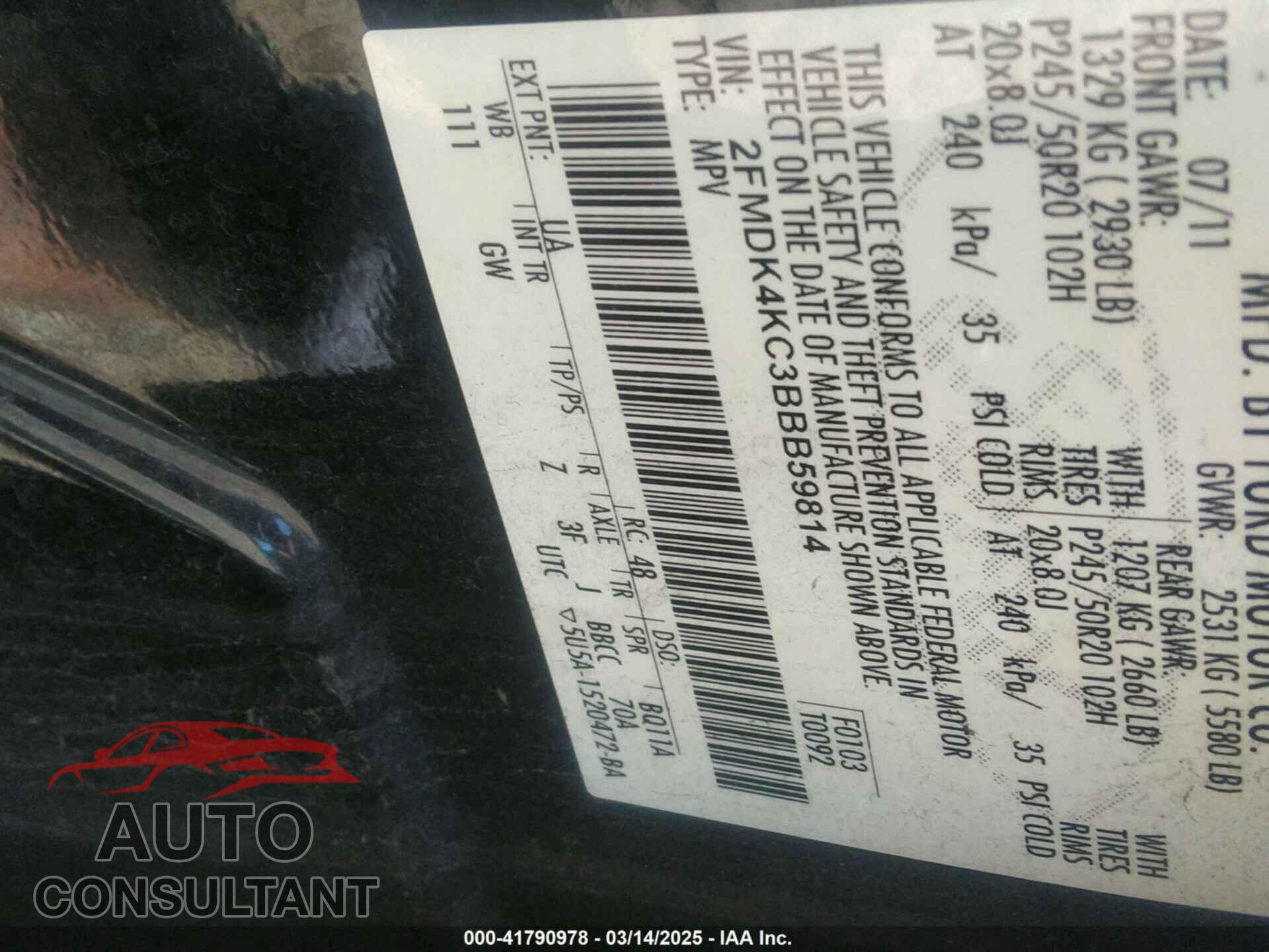FORD EDGE 2011 - 2FMDK4KC3BBB59814