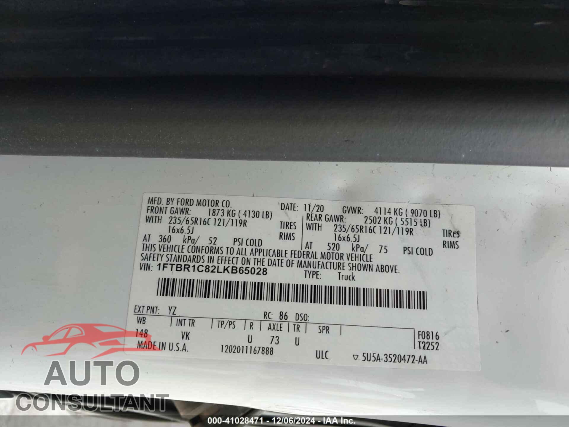FORD TRANSIT-250 CARGO VAN 2020 - 1FTBR1C82LKB65028