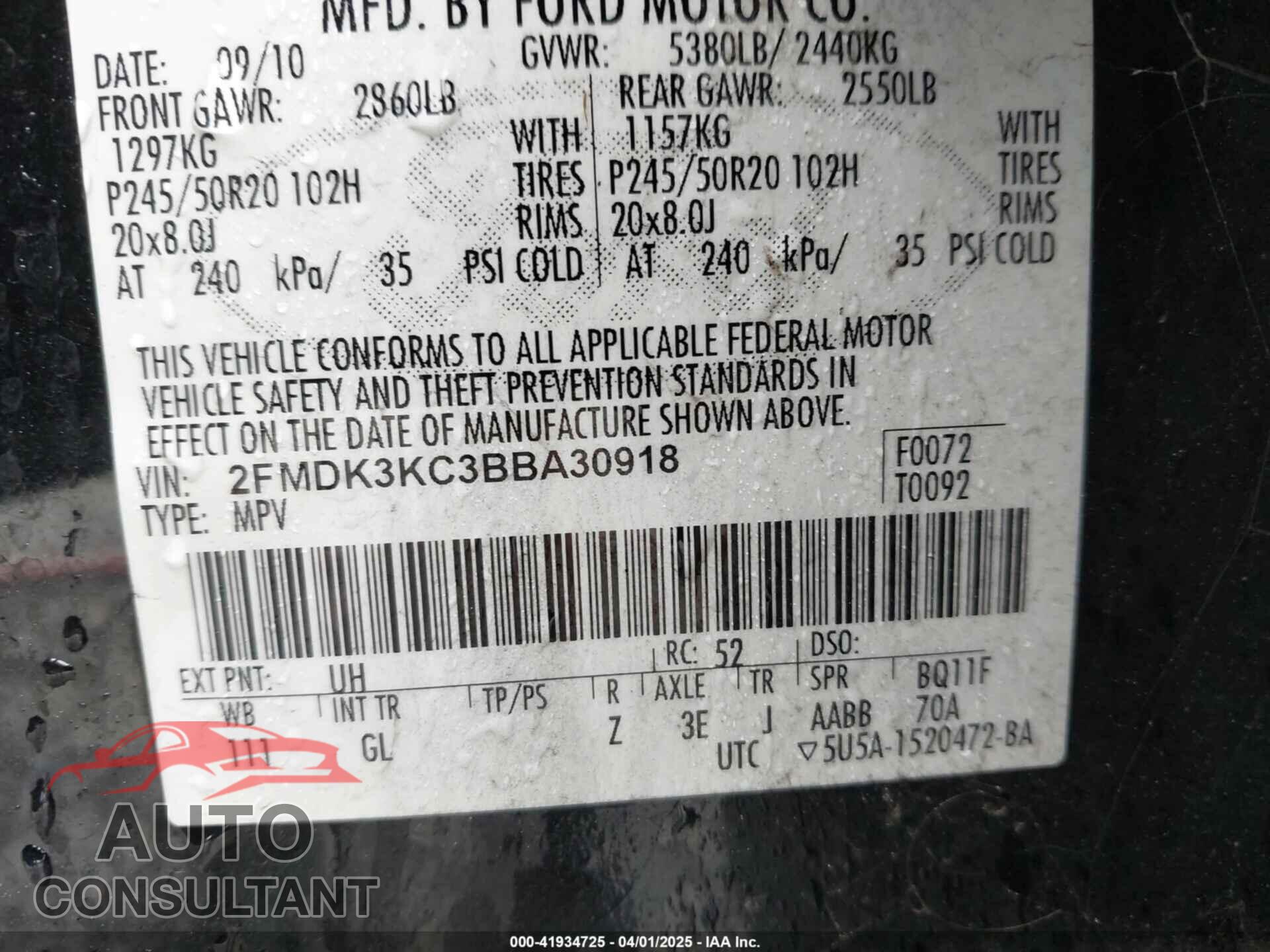 FORD EDGE 2011 - 2FMDK3KC3BBA30918