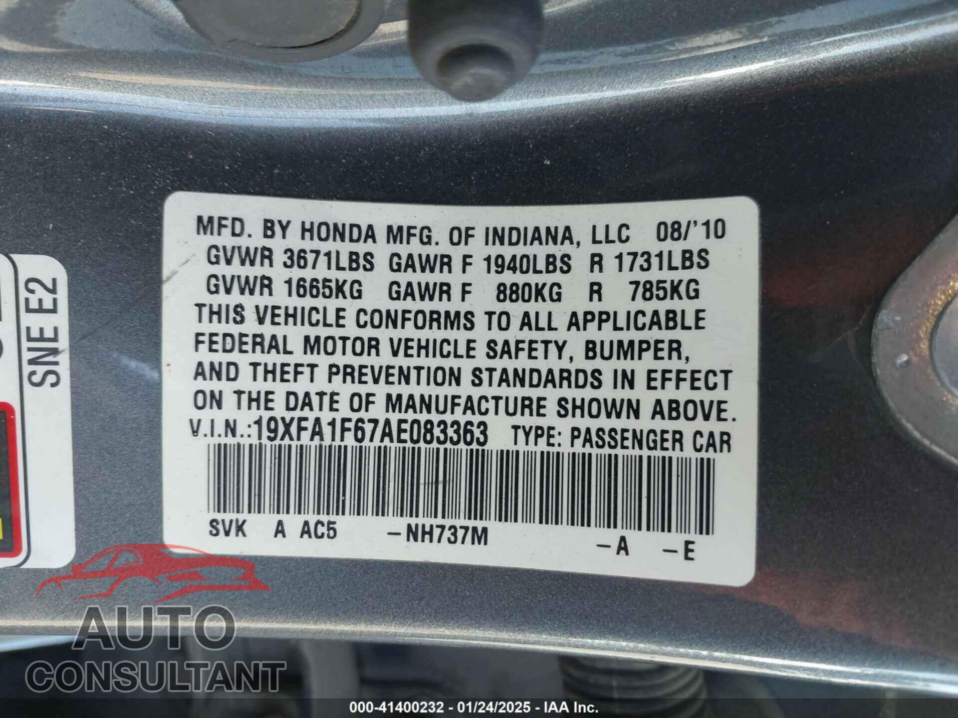 HONDA CIVIC 2010 - 19XFA1F67AE083363