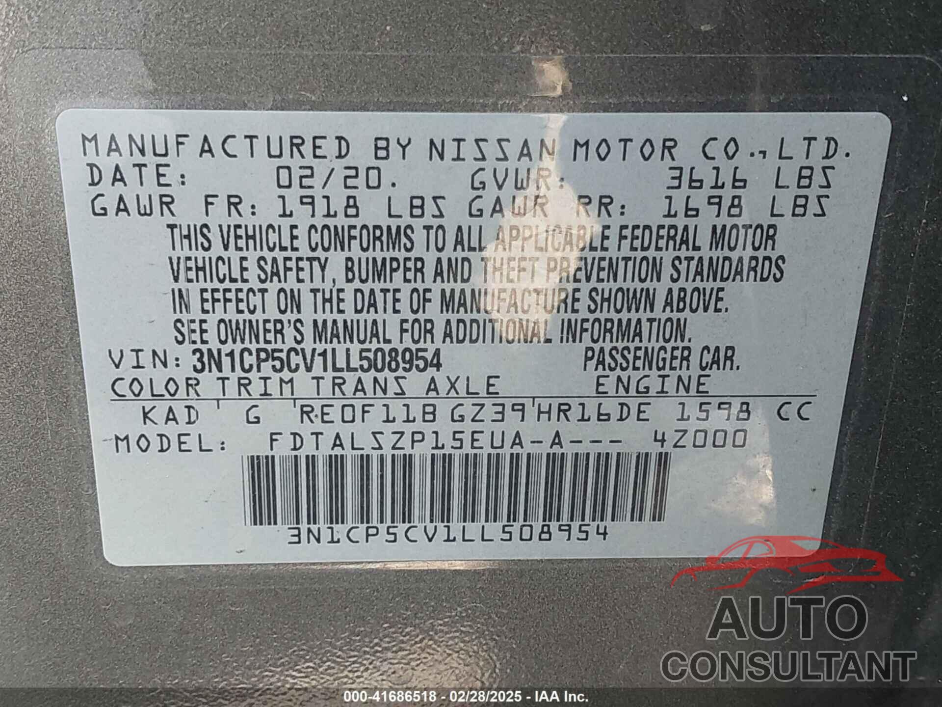 NISSAN KICKS 2020 - 3N1CP5CV1LL508954
