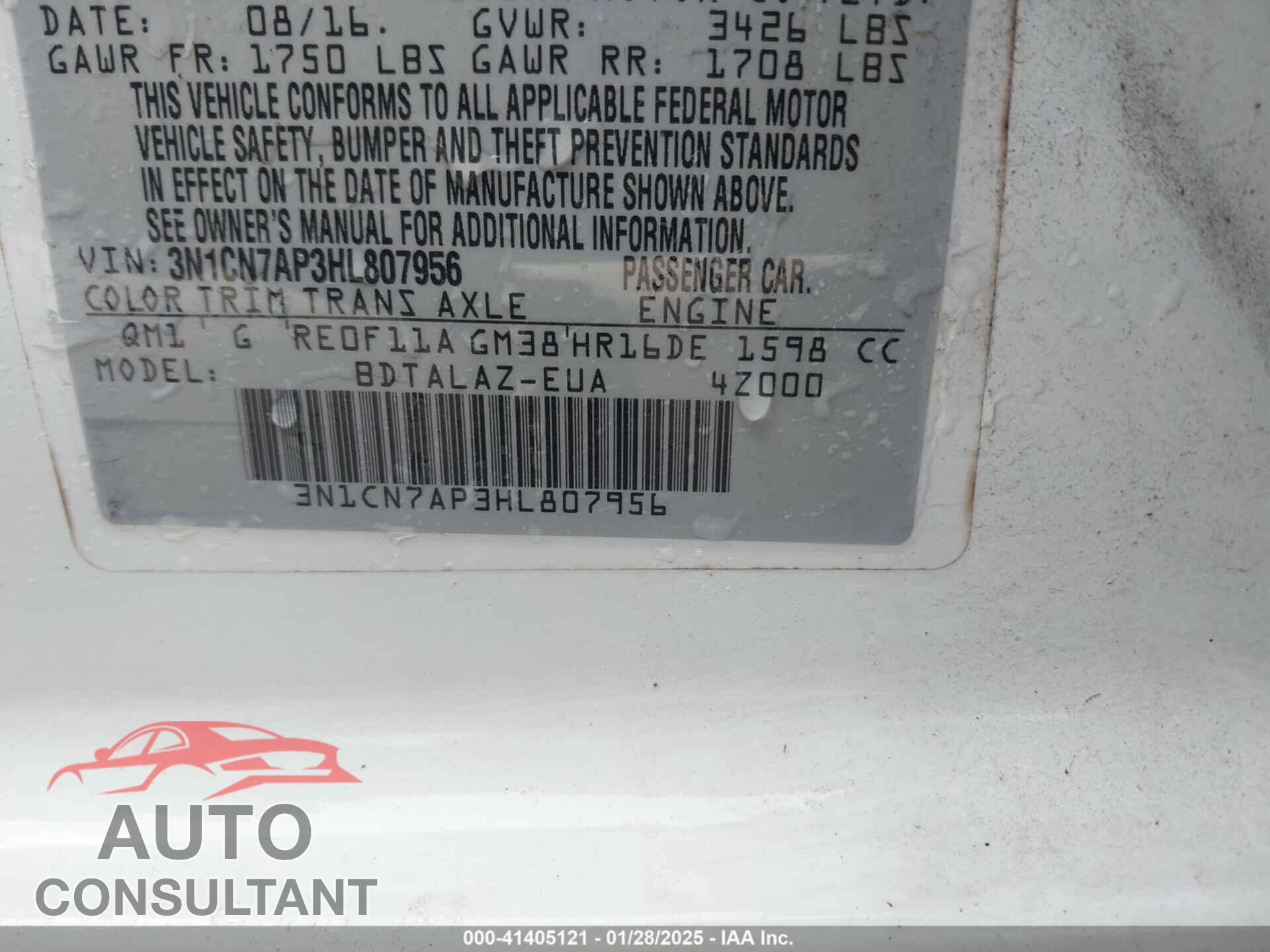 NISSAN VERSA 2017 - 3N1CN7AP3HL807956
