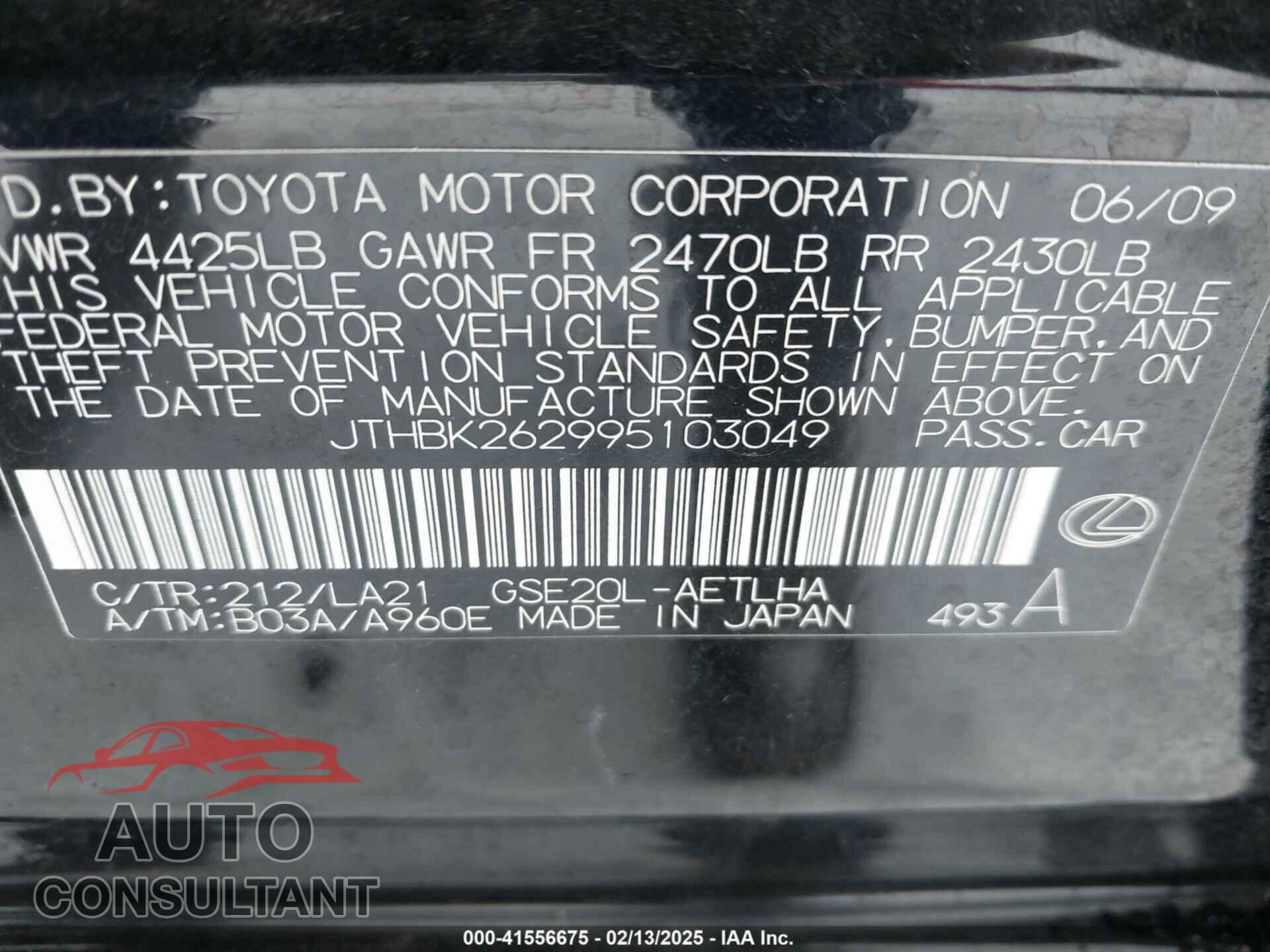 LEXUS IS 250 2009 - JTHBK262995103049