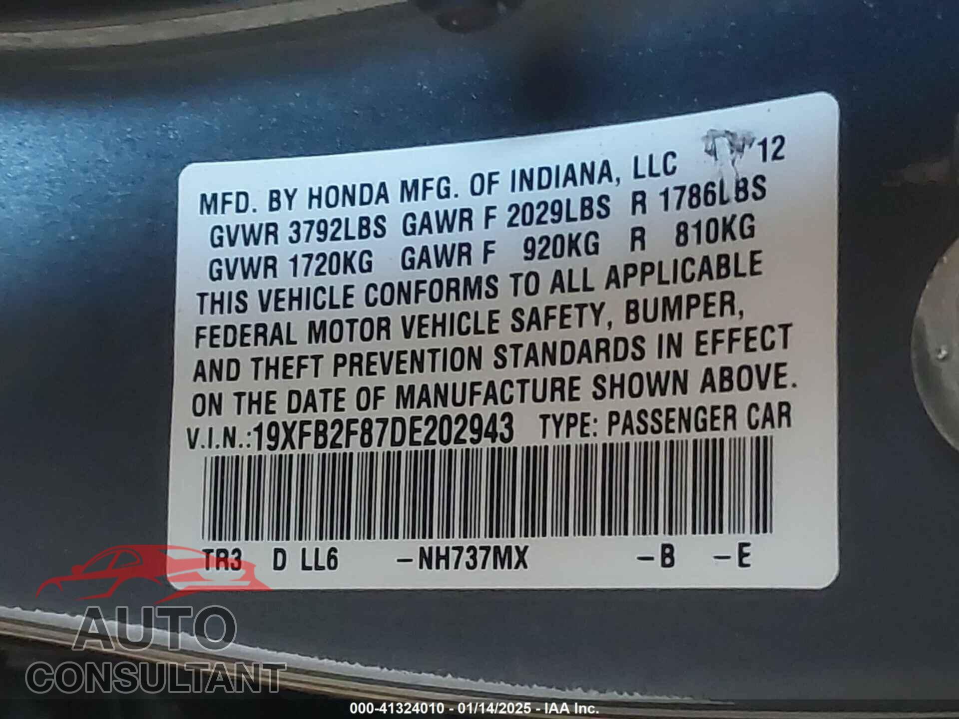 HONDA CIVIC 2013 - 19XFB2F87DE202943