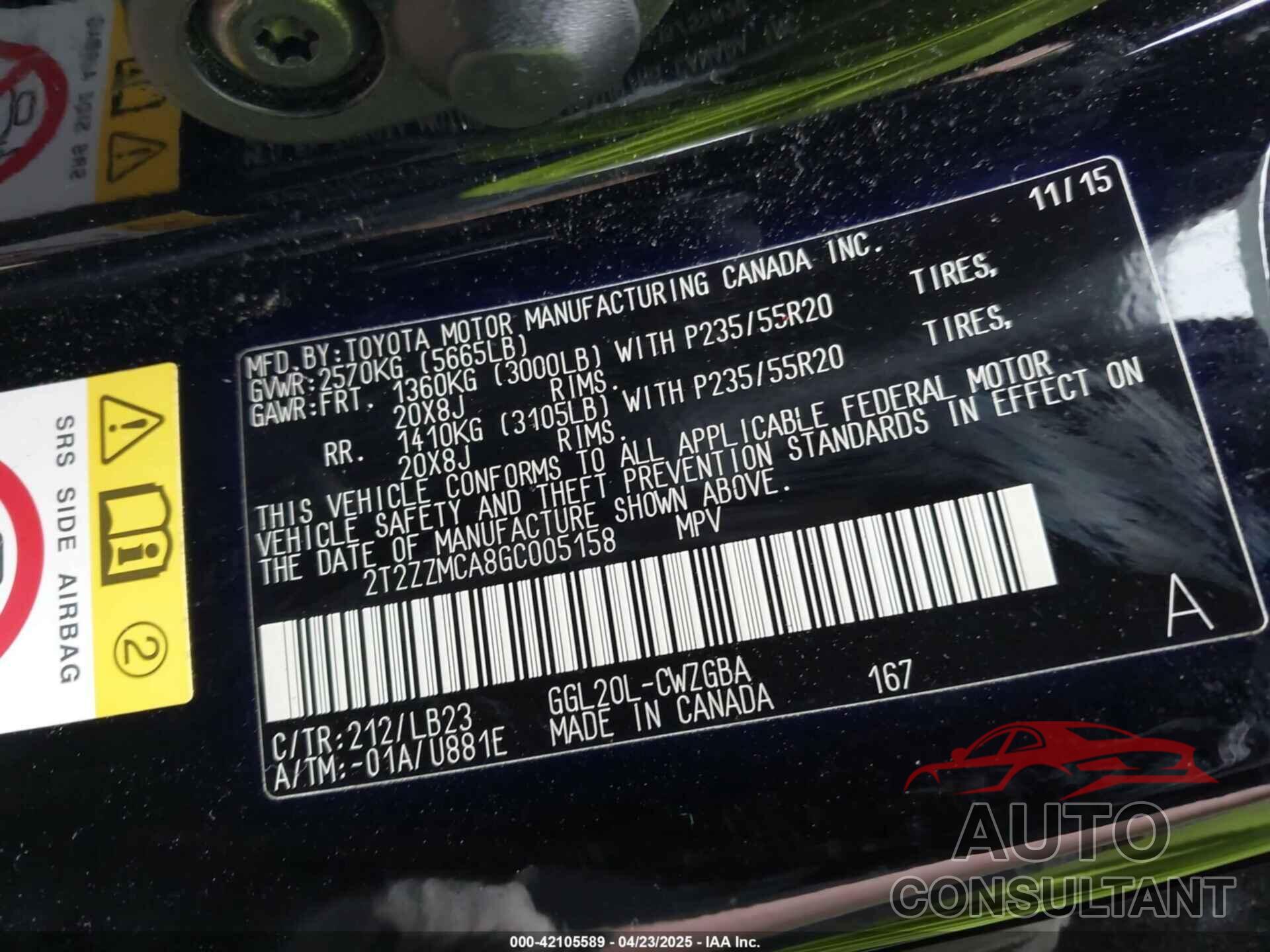 LEXUS RX 350 2016 - 2T2ZZMCA8GC005158