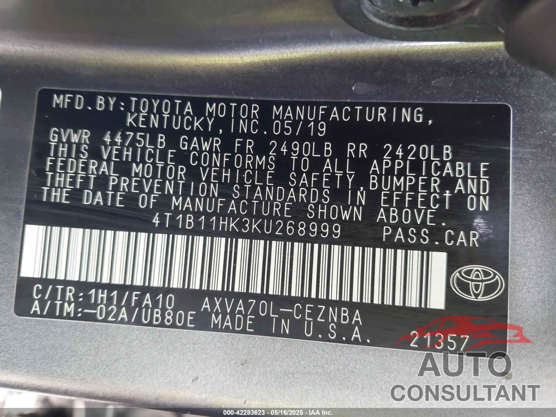 TOYOTA CAMRY 2019 - 4T1B11HK3KU268999
