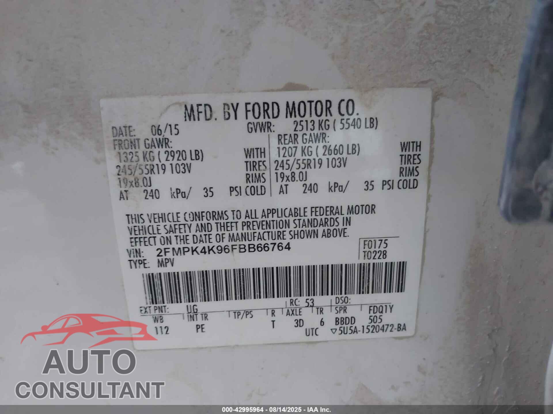 FORD EDGE 2015 - 2FMPK4K96FBB66764