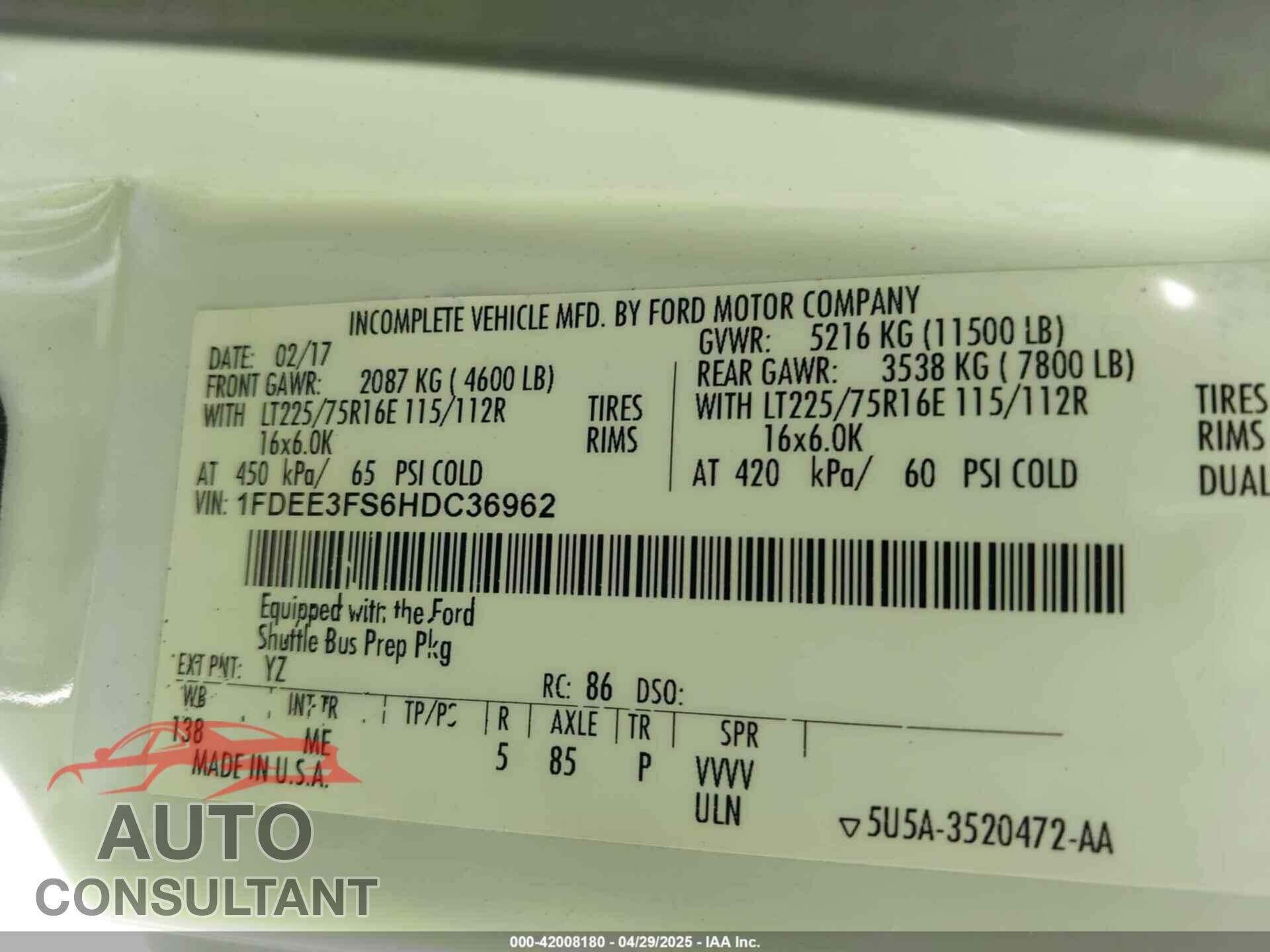 FORD E-350 CUTAWAY 2017 - 1FDEE3FS6HDC36962