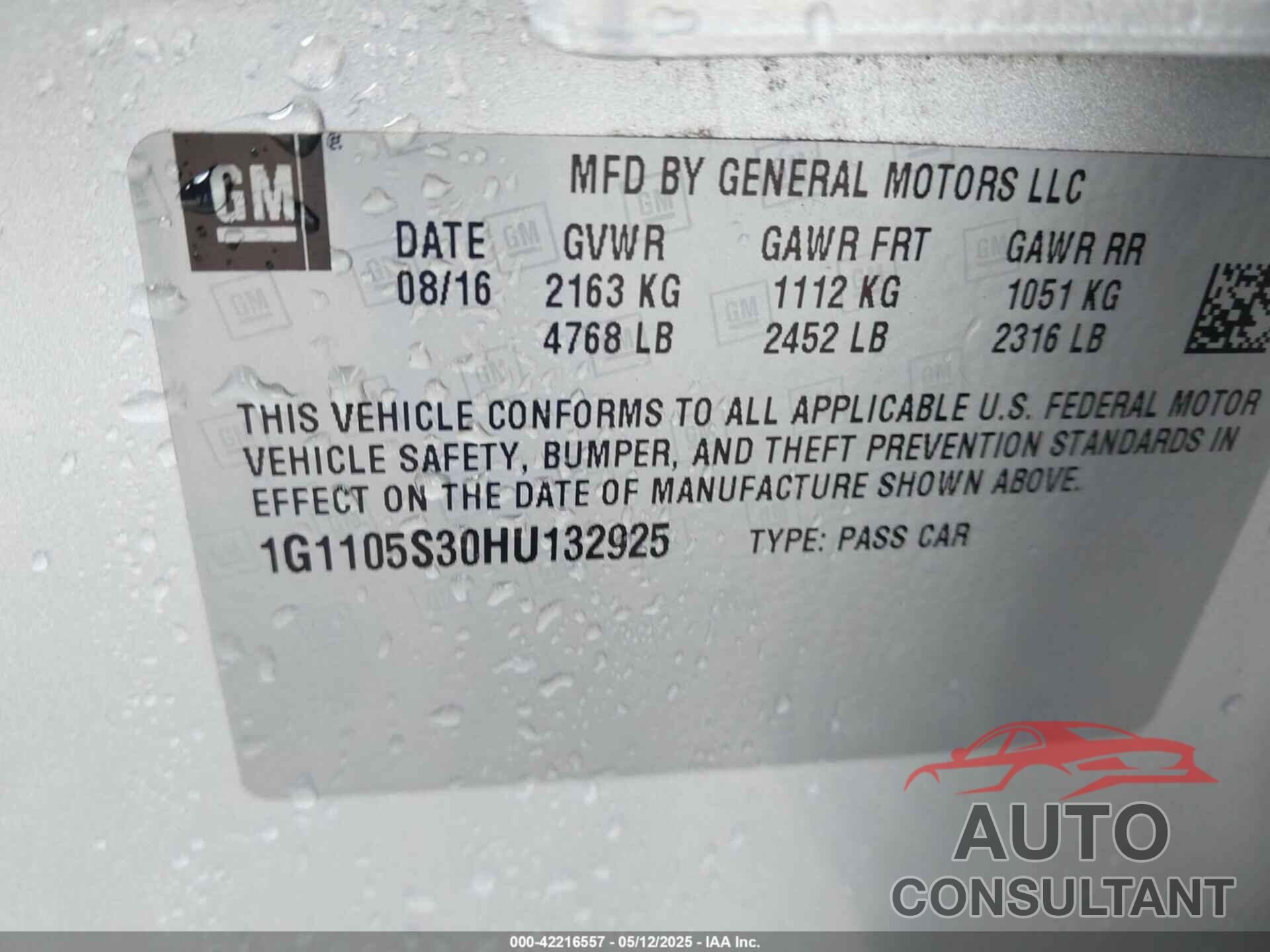 CHEVROLET IMPALA 2017 - 1G1105S30HU132925