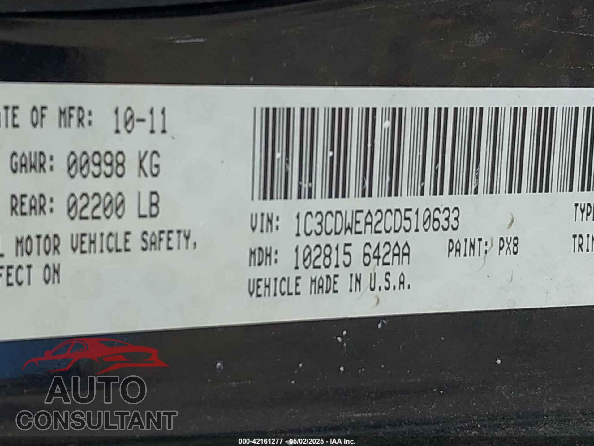 DODGE CALIBER 2012 - 1C3CDWEA2CD510633