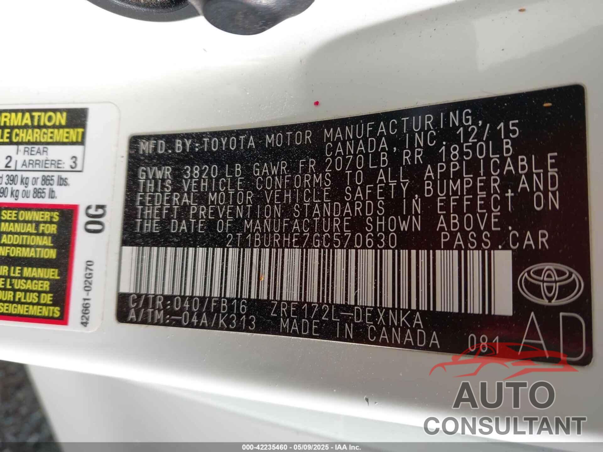 TOYOTA COROLLA 2016 - 2T1BURHE7GC570630