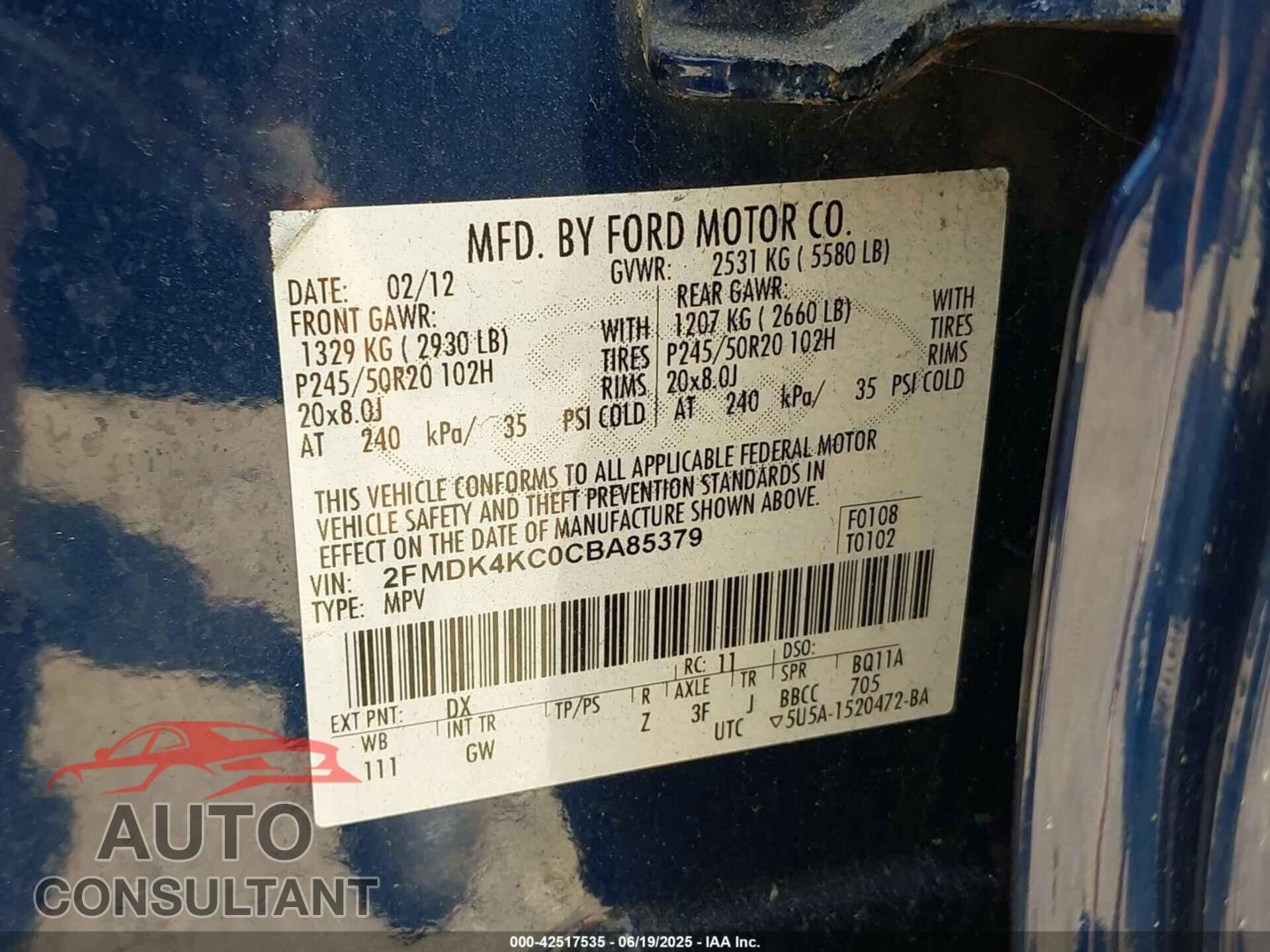 FORD EDGE 2012 - 2FMDK4KC0CBA85379
