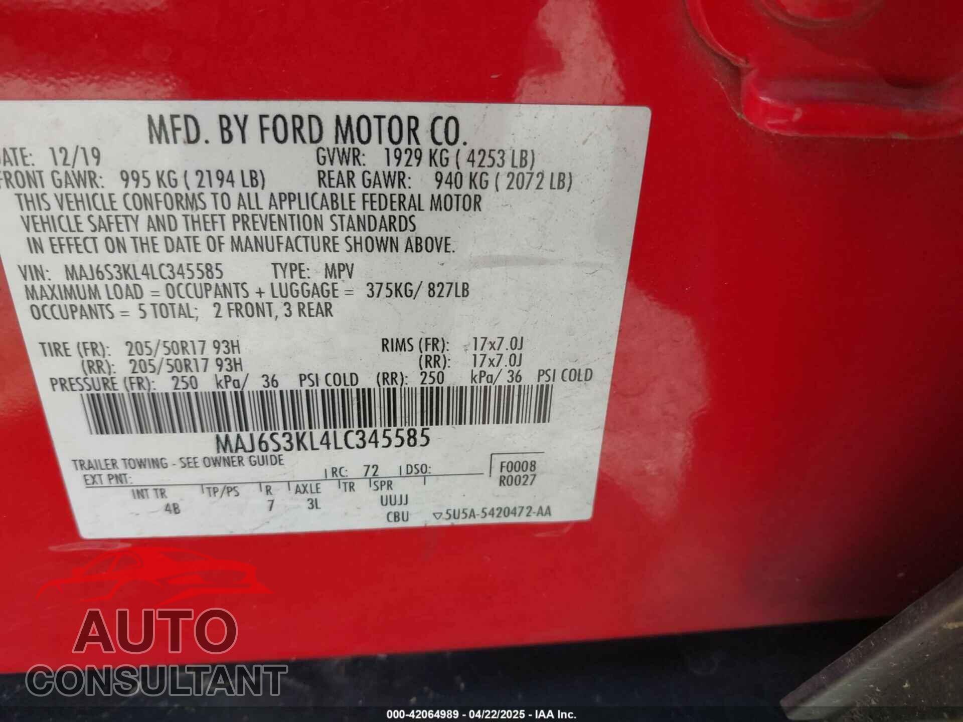FORD ECOSPORT 2020 - MAJ6S3KL4LC345585