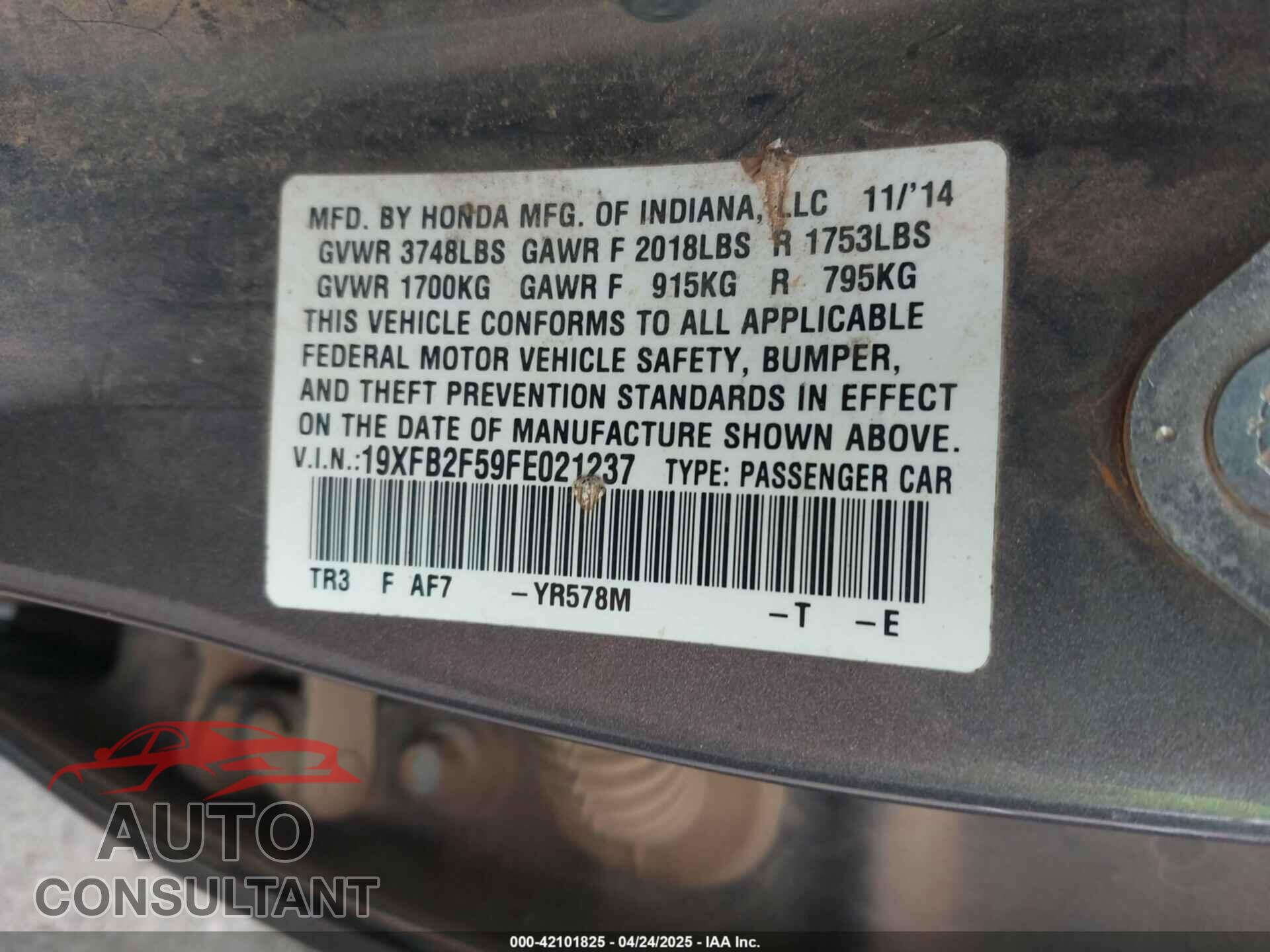 HONDA CIVIC 2015 - 19XFB2F59FE021237