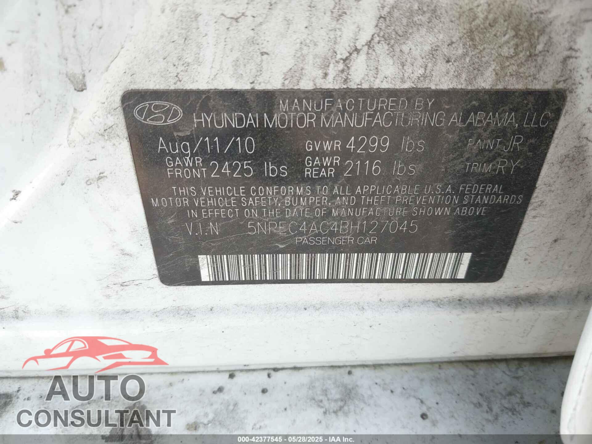HYUNDAI SONATA 2011 - 5NPEC4AC4BH127045