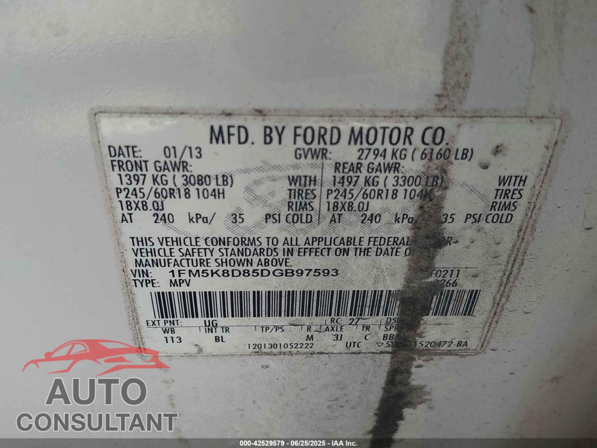FORD EXPLORER 2013 - 1FM5K8D85DGB97593