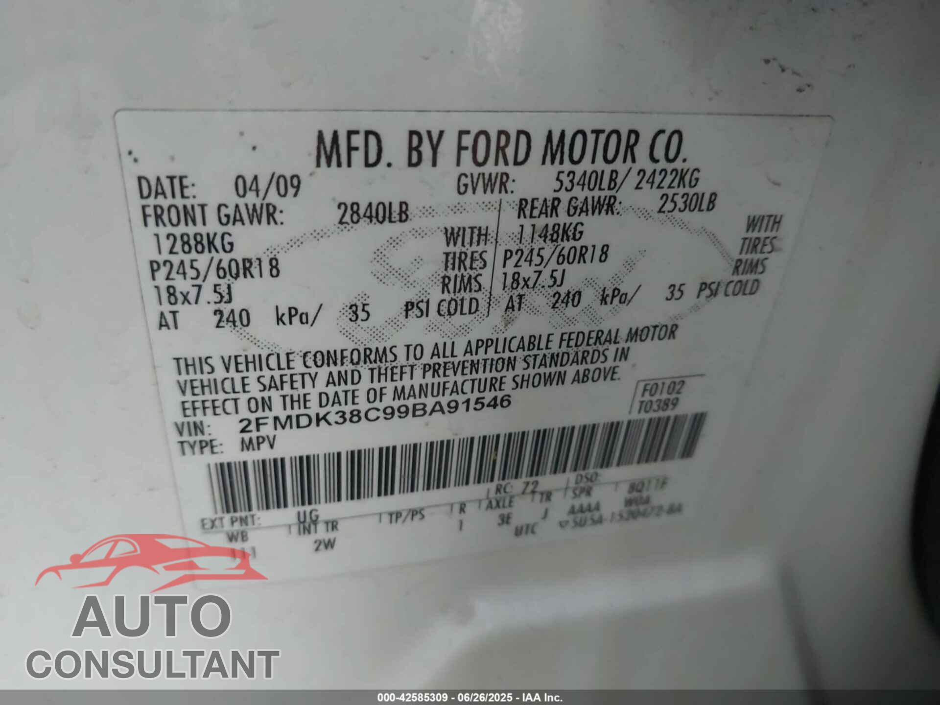 FORD EDGE 2009 - 2FMDK38C99BA91546