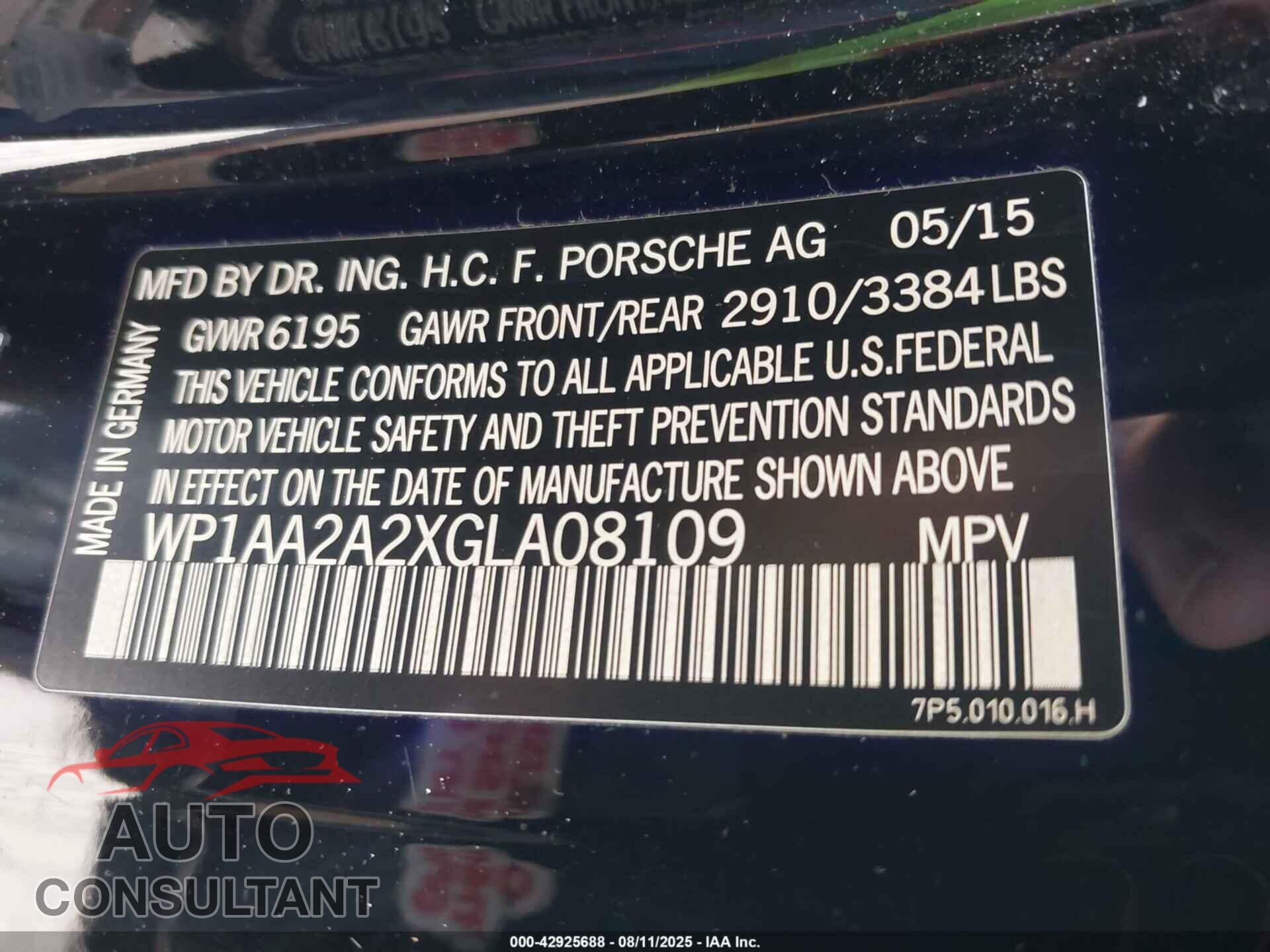 PORSCHE CAYENNE 2016 - WP1AA2A2XGLA08109