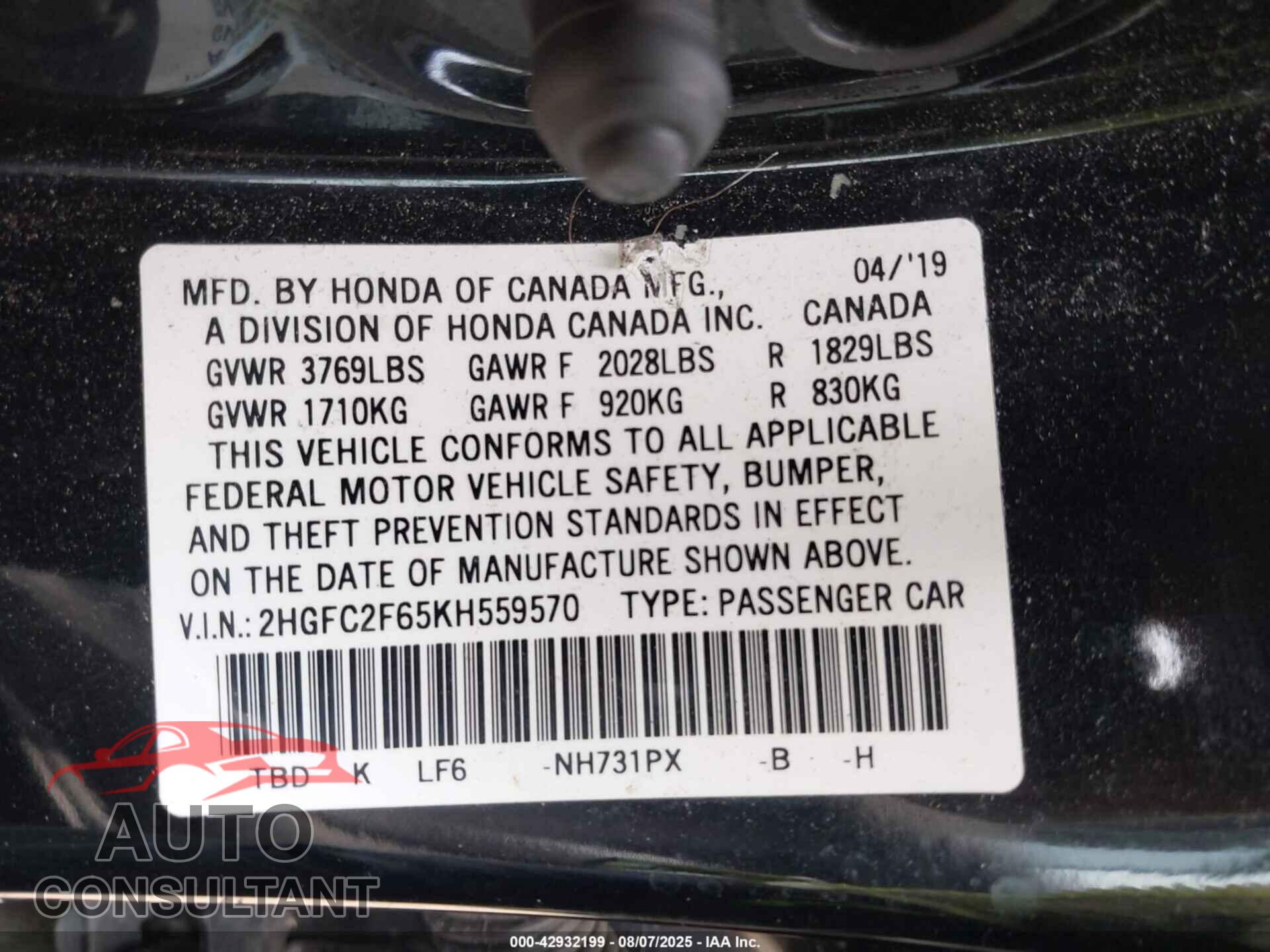 HONDA CIVIC 2019 - 2HGFC2F65KH559570