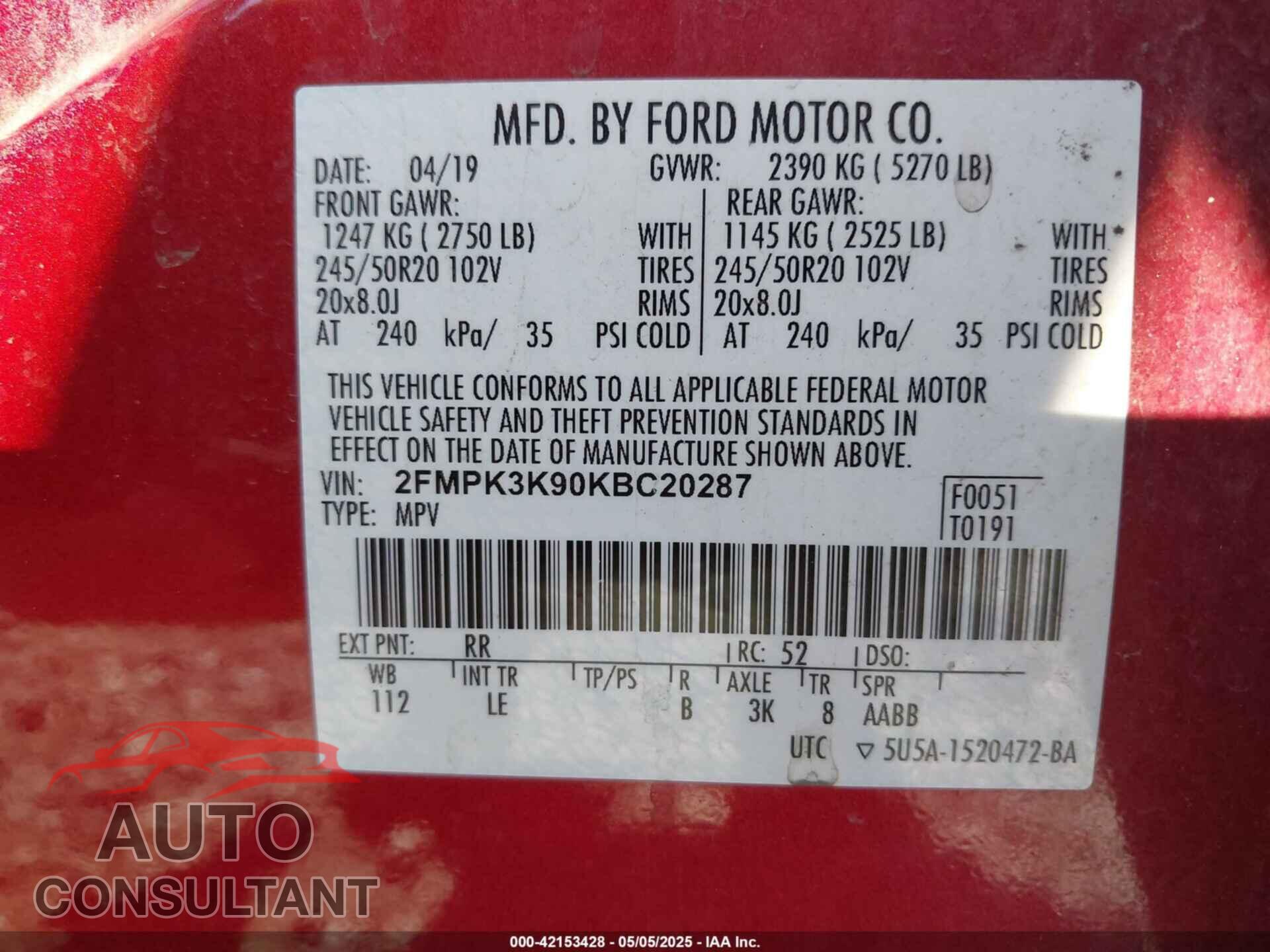 FORD EDGE 2019 - 2FMPK3K90KBC20287