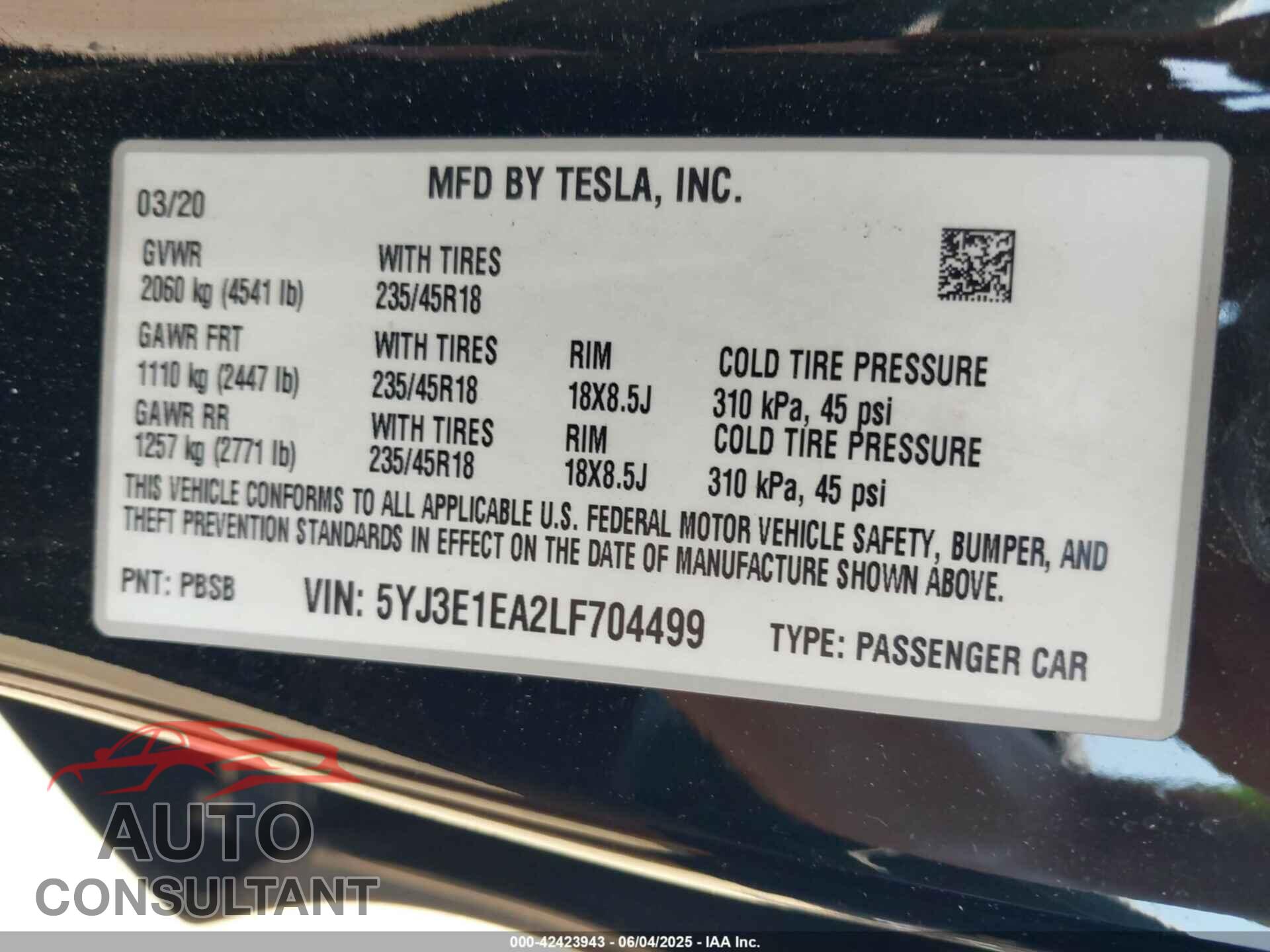 TESLA MODEL 3 2020 - 5YJ3E1EA2LF704499