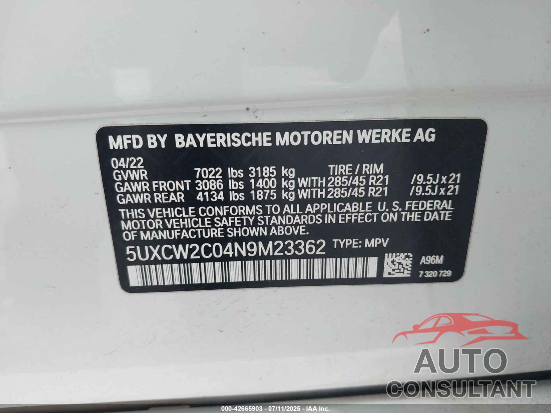 BMW X7 2022 - 5UXCW2C04N9M23362
