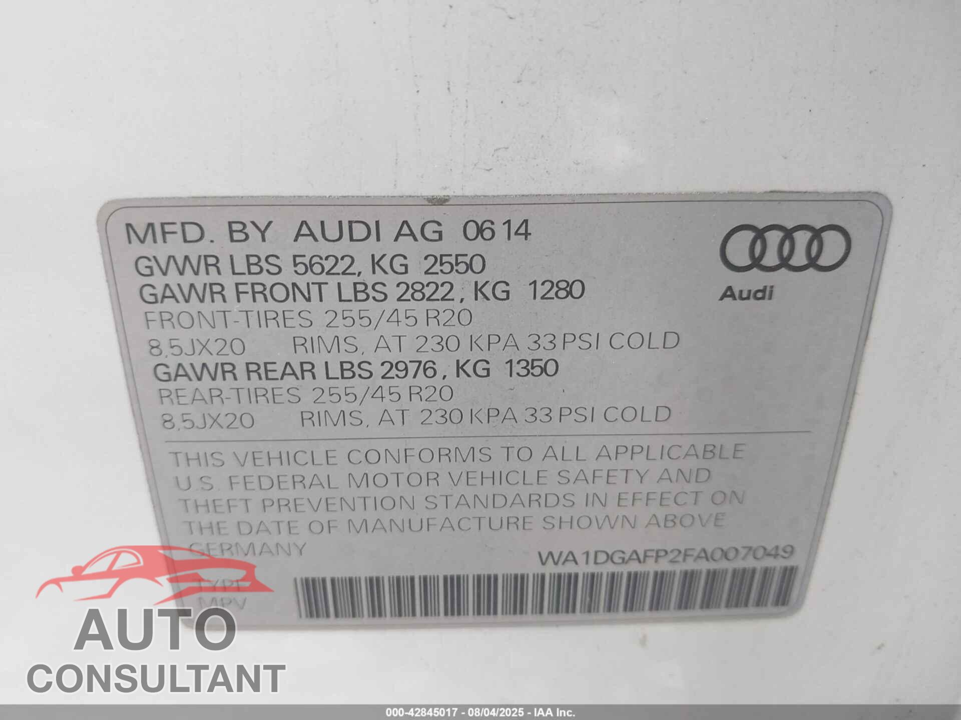 AUDI Q5 2015 - WA1DGAFP2FA007049