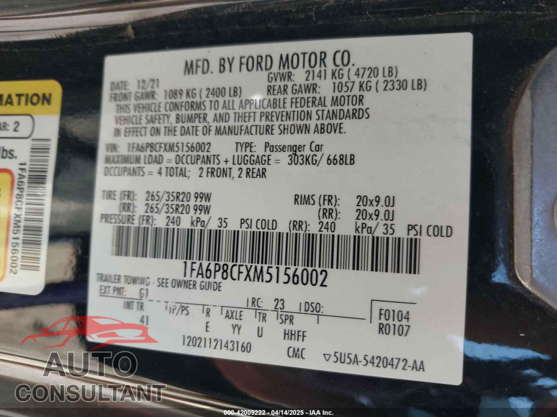 FORD MUSTANG 2021 - 1FA6P8CFXM5156002