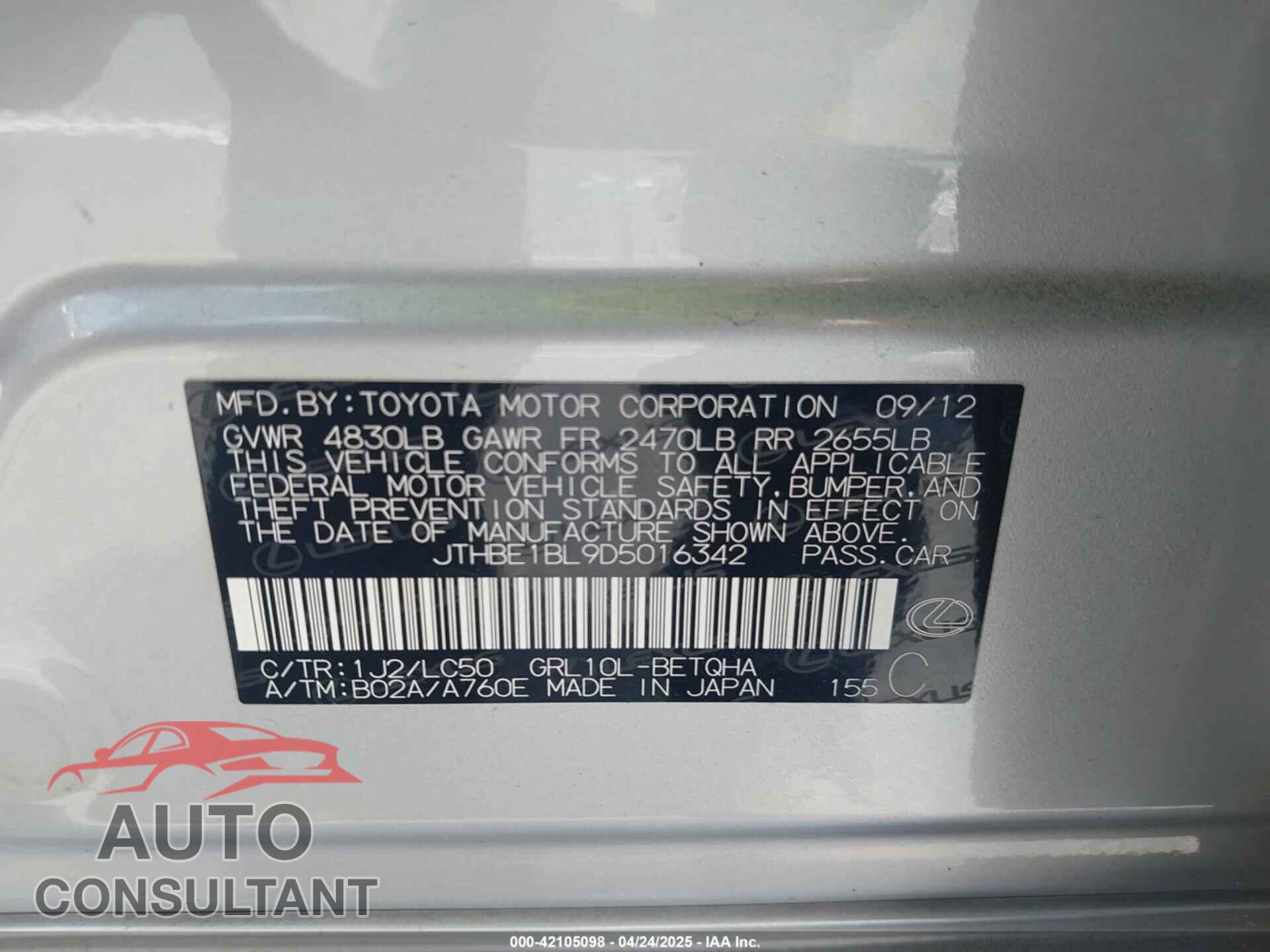 LEXUS GS 350 2013 - JTHBE1BL9D5016342